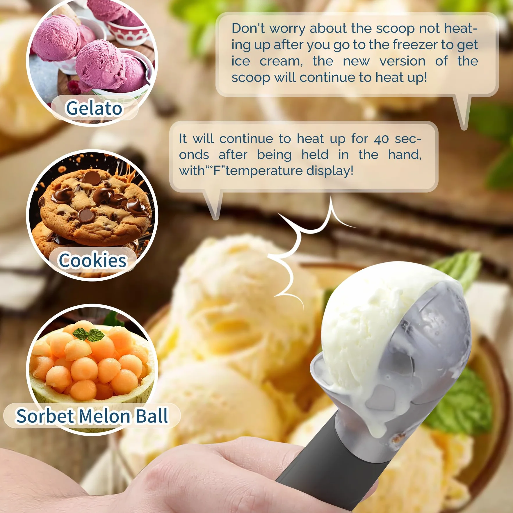 Paletta per gelato riscaldata Ricaricabile, scooper per gelato elettrico con display LED, riscalda fino a 70°C per gelato duro, facile per anziani e bambini, impermeabile IP67 (Nero)