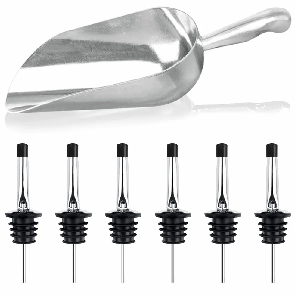 FineGood - Paletta per ghiaccio con 6 bottiglie in acciaio inox per cucchiaini da bar, bottiglia di liquore, beccuccio con tappi antipolvere