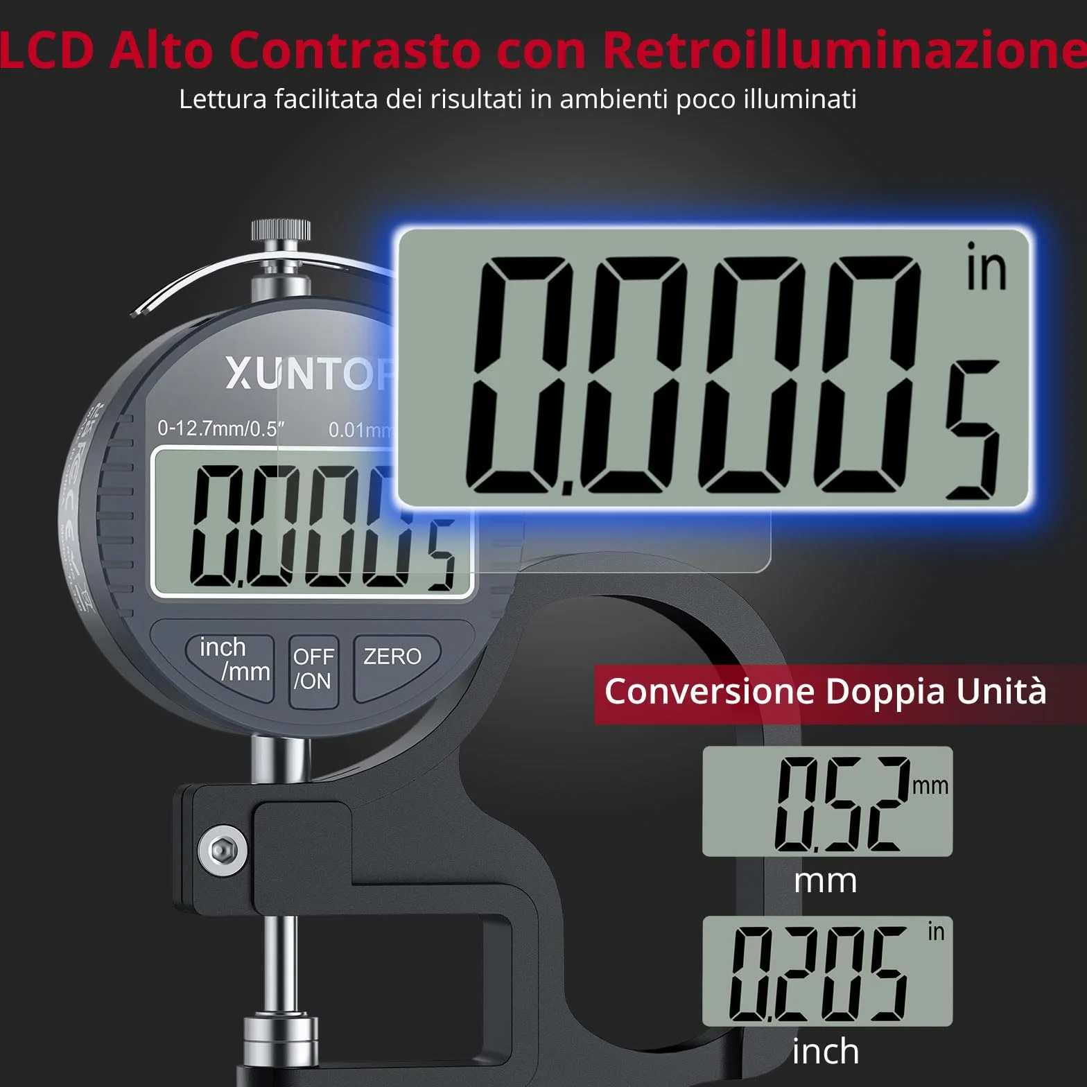 Spessimetro Digitale 0-12,7mm 0,01mm Display LCD Calibro Elettronico con Auto-Spegnimento