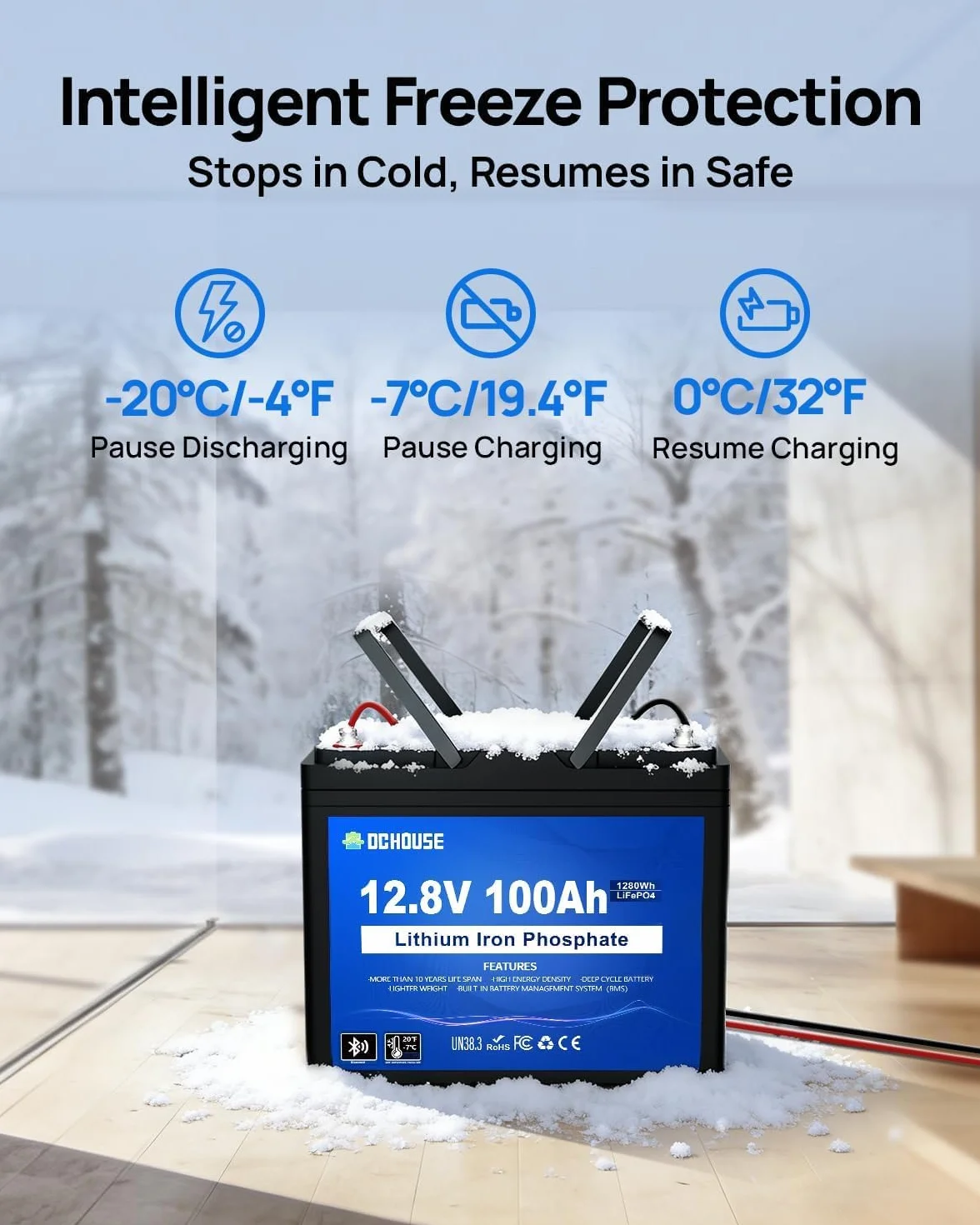 DCHOUSE Batteria Litio Bluetooth 12V 100Ah, Batteria al Litio 12V 1280Wh con Protezione 100A BMS e a Bassa Temperatura, Lifepo4 per Motori Elettrici, Caravan, Campeggio, Sistemi Solare