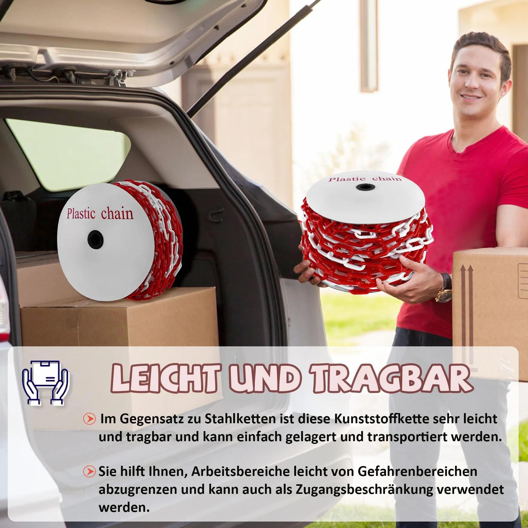Froadp Catena di sicurezza in plastica, 50 m, colore rosso, bianco, diametro 6 mm, catena di sicurezza per cantieri, parcheggio, catena per bloccare superfici