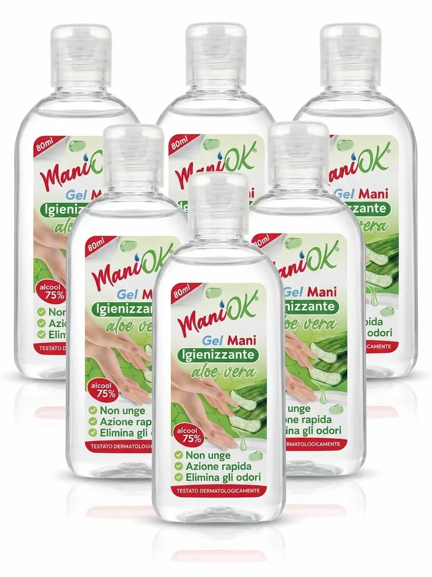 Gel Igienizzante Mani all'Aloe Vera, 80ml, Set Professionale da 3, 6 o 12 Pezzi (Set da 6 Flaconi)