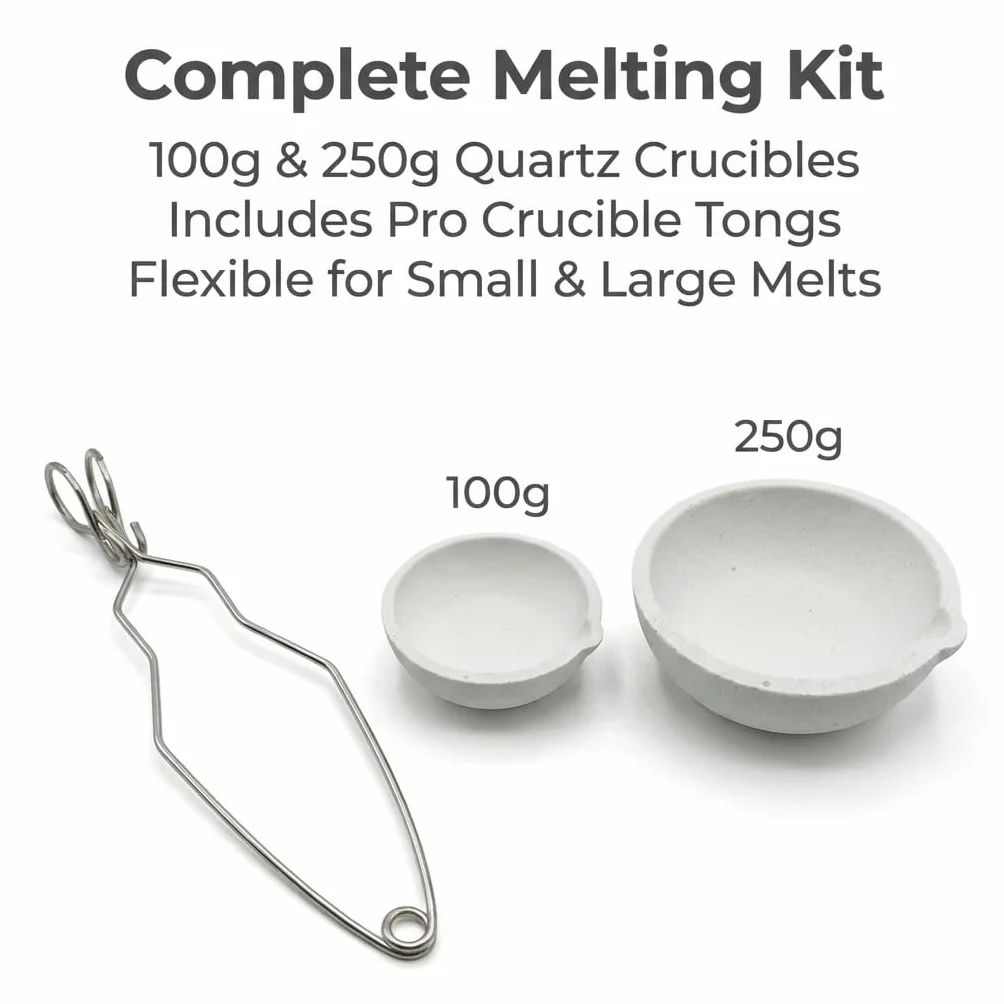 Kit Forno di Fusione Set Crogioli Crogioli per Fondere Metalli, Crogiolo Premium Quarzo Fuso 2800°F/1537°C, 100g+250g con Pinze, Pareti Coniche e Beccuccio Colata, Kit Fusione Oro e Argento