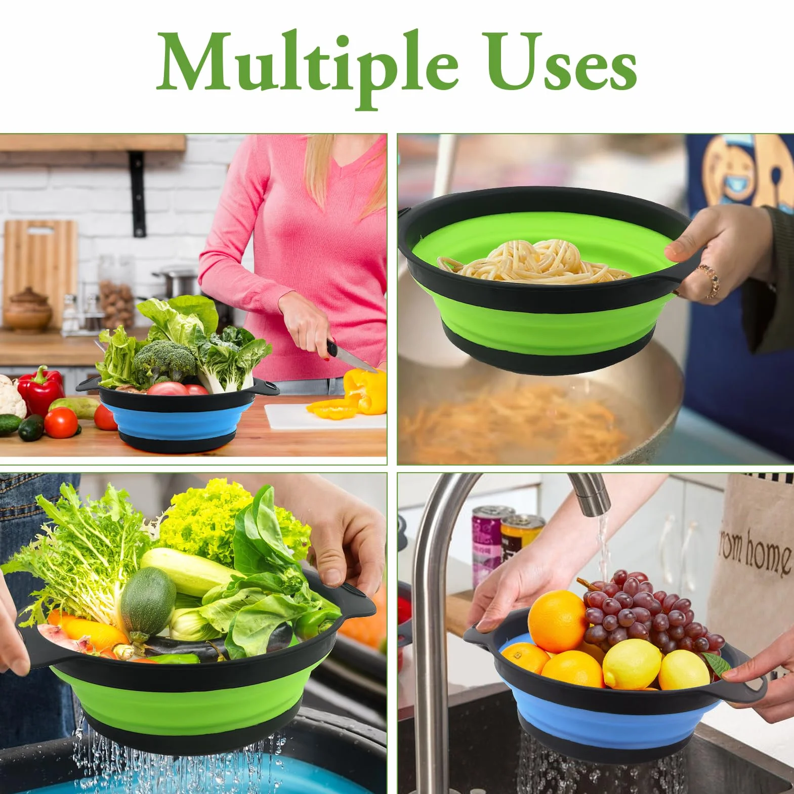 Set 2 Pezzi Grande Scolapasta in Silicone Pieghevole, Blu e Verde, Cucina Pieghevole sopra Il Lavandino del Silicone Colander/Setacci, Lavabili in Lavastoviglie(28.5CM)