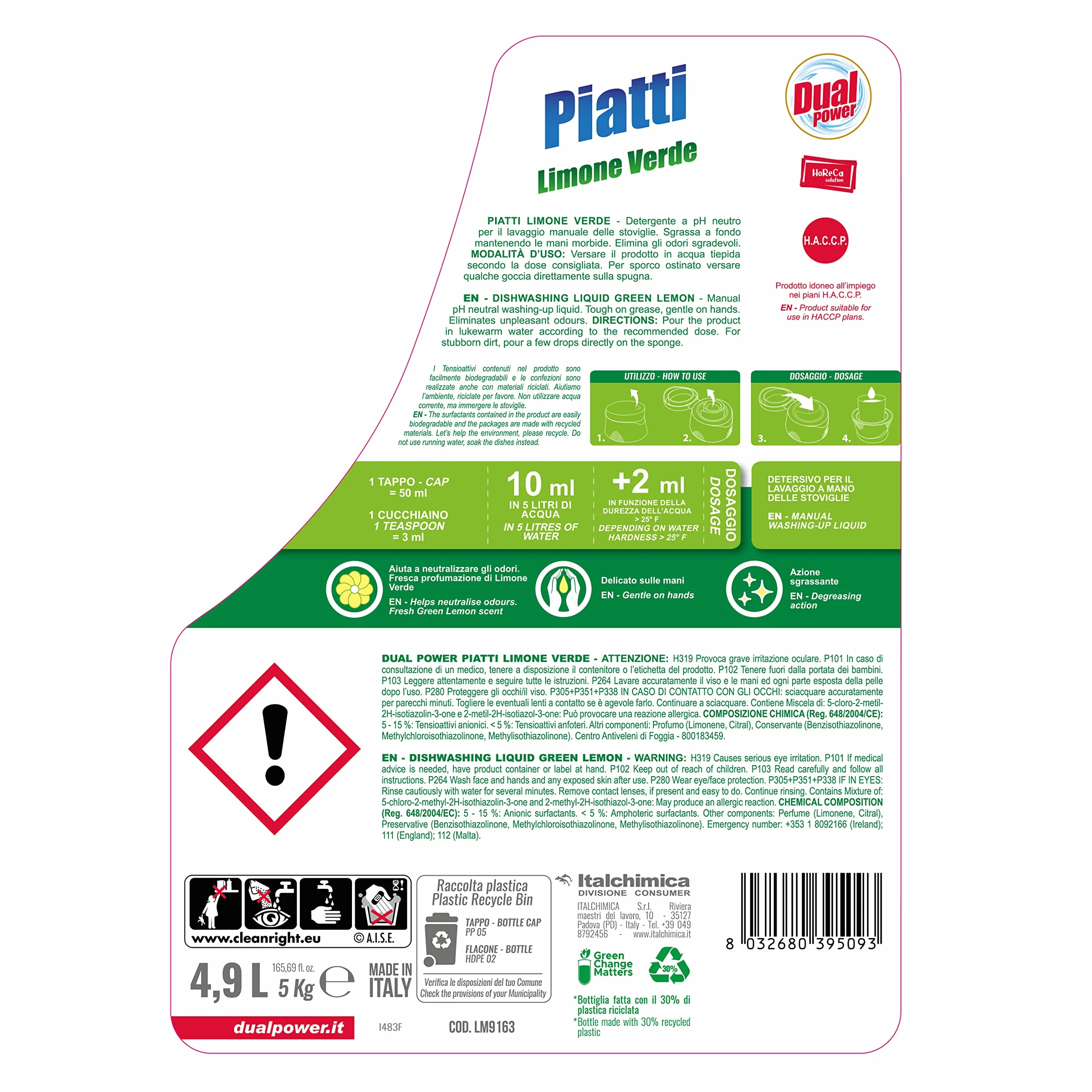 Dual Power Detergente HACCP per Lavaggio Manuale dei Piatti - Sgrassa a fondo, Fomato Professionale da 4,9 Litri - Limone Verde