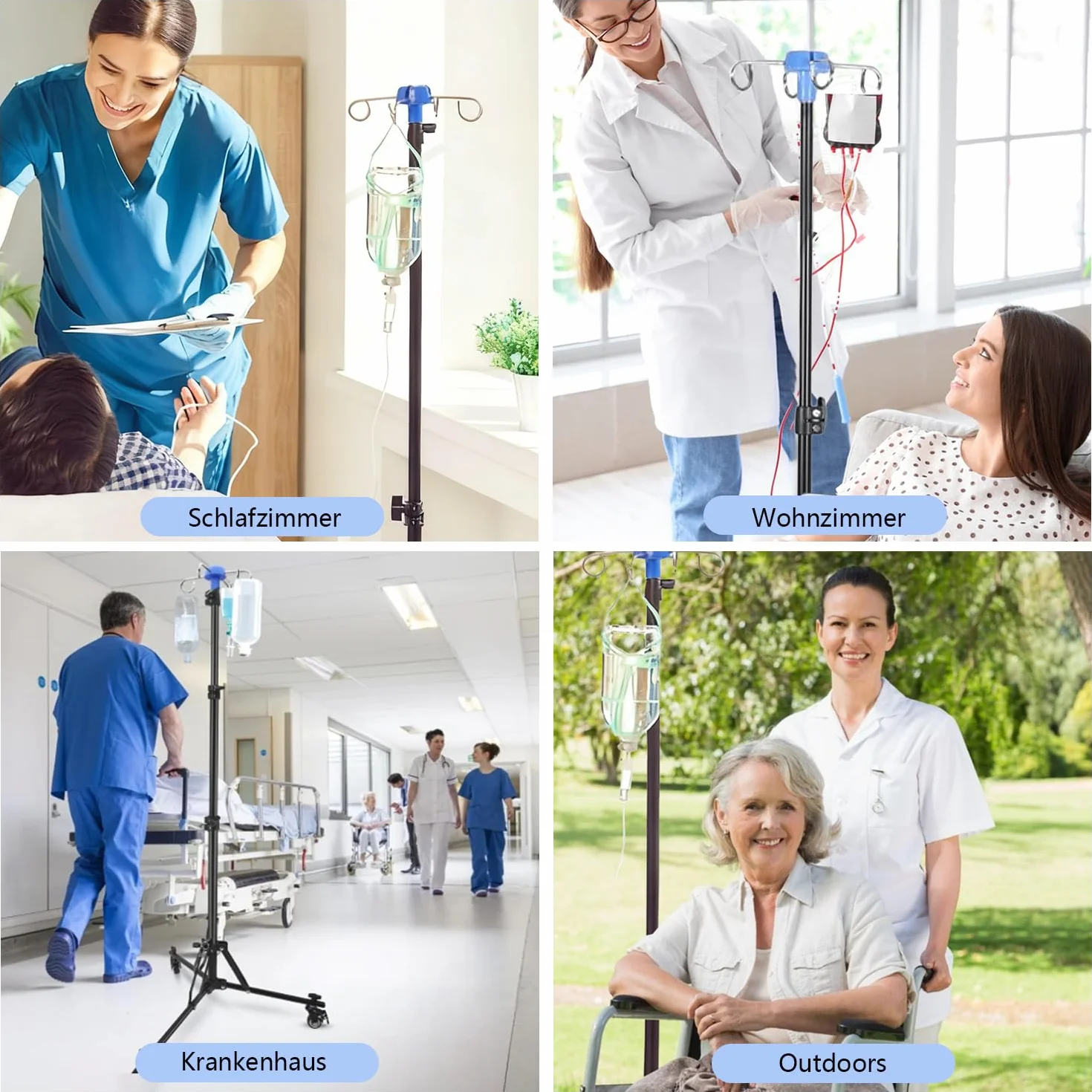 Supporto per infusione regolabile con ruote, altezza regolabile 90 – 190 cm, pieghevole con 4 ganci, 3 tasche in rete e 1 custodia, supporto portatile per IV per ospedale e cura della casa