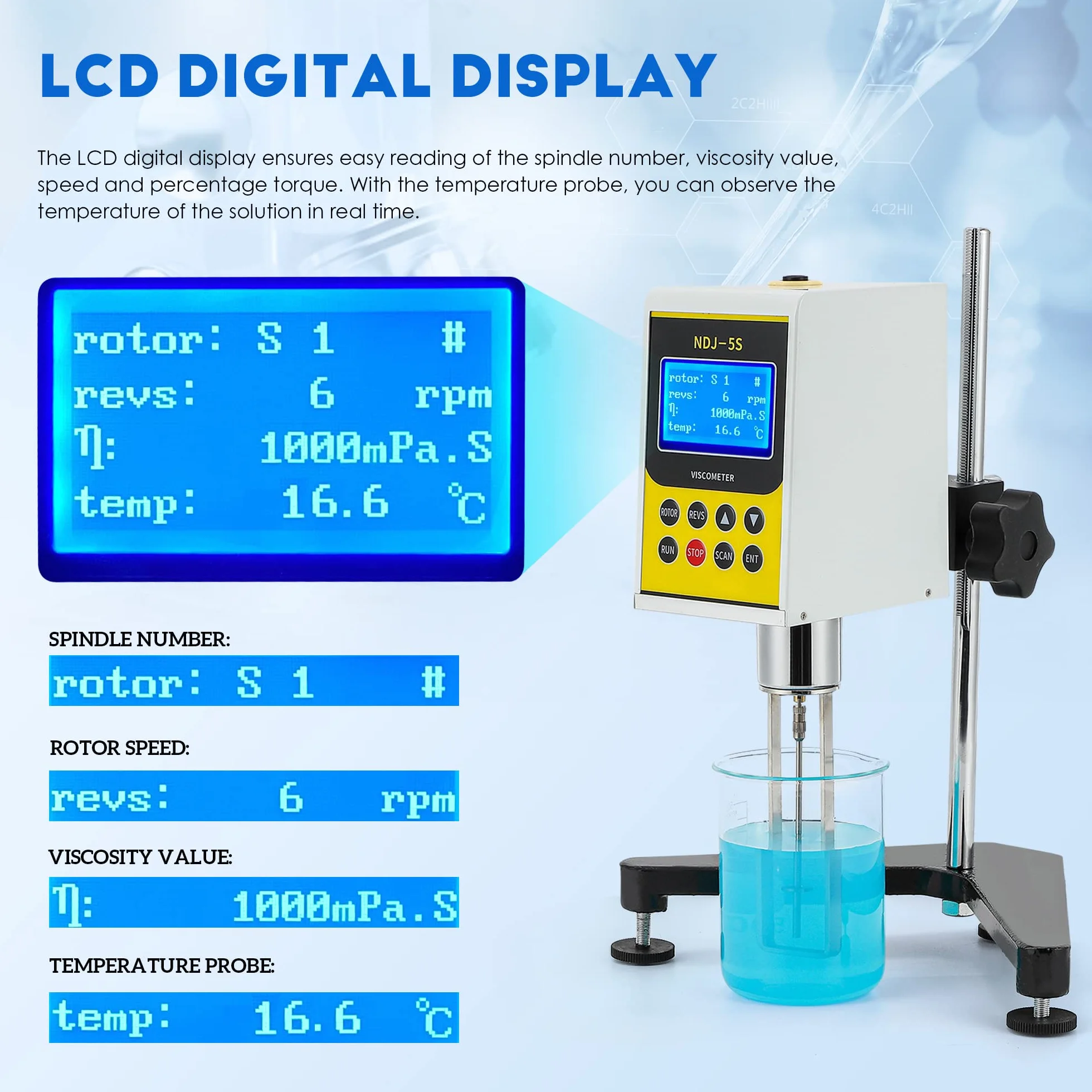 CGOLDENWALL NDJ-5S Viscosimetro Rotazionale Digitale, 1-100.000 mPa·s, Precisione ±3%, 5 Rotori, 4 Velocità, LCD Retroilluminato