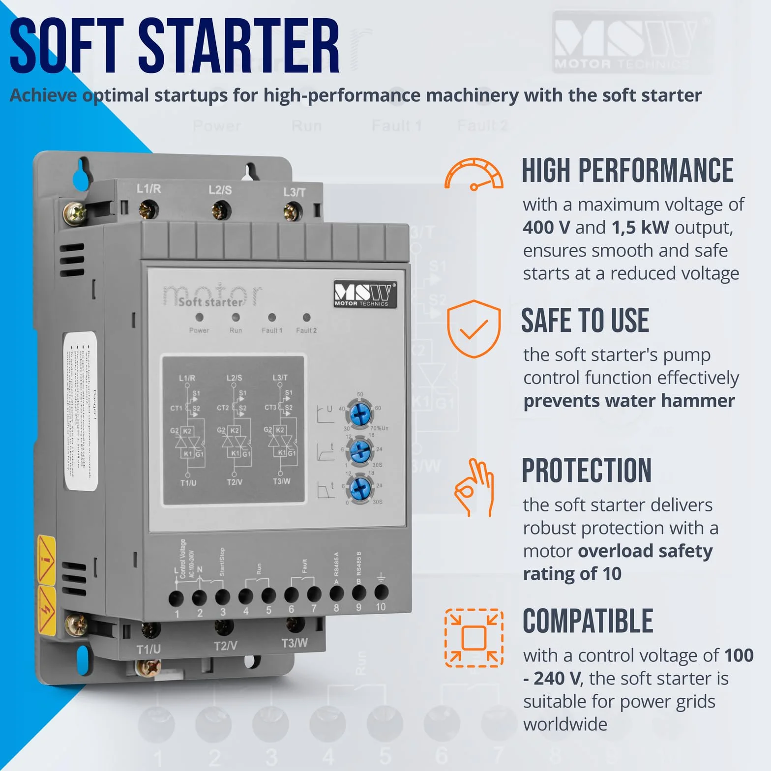 MSW Avviatore statico 400 V / 110 220 V 1,5 kW 3 A Avviatore statico per motore Soft starter Avviatori Soft-Starter
