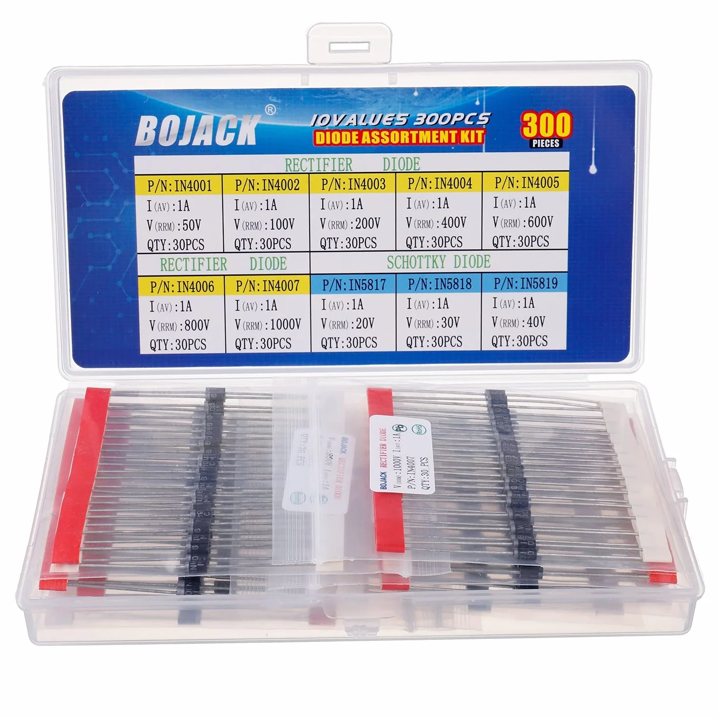 BOJACK 10 Valori 300 pezzi Diodi raddrizzatori 1N4001-1N4007 Diodi Schottky 1N5817-1N5819 Assortimento Kit