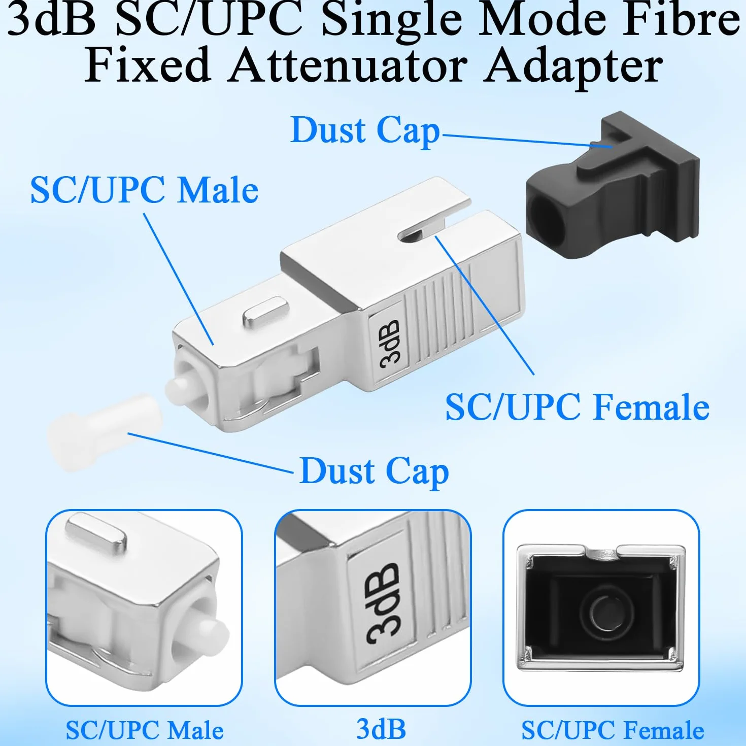 QIANRENON 3dB SC/UPC Attenuatore fisso in fibra ottica Adattatore SC maschio a femmina Singlemode Connettore ottico fisso Attenuatore valore attenuatore 3dB±0,3, per rete in fibra ottica CATV FTTH PON