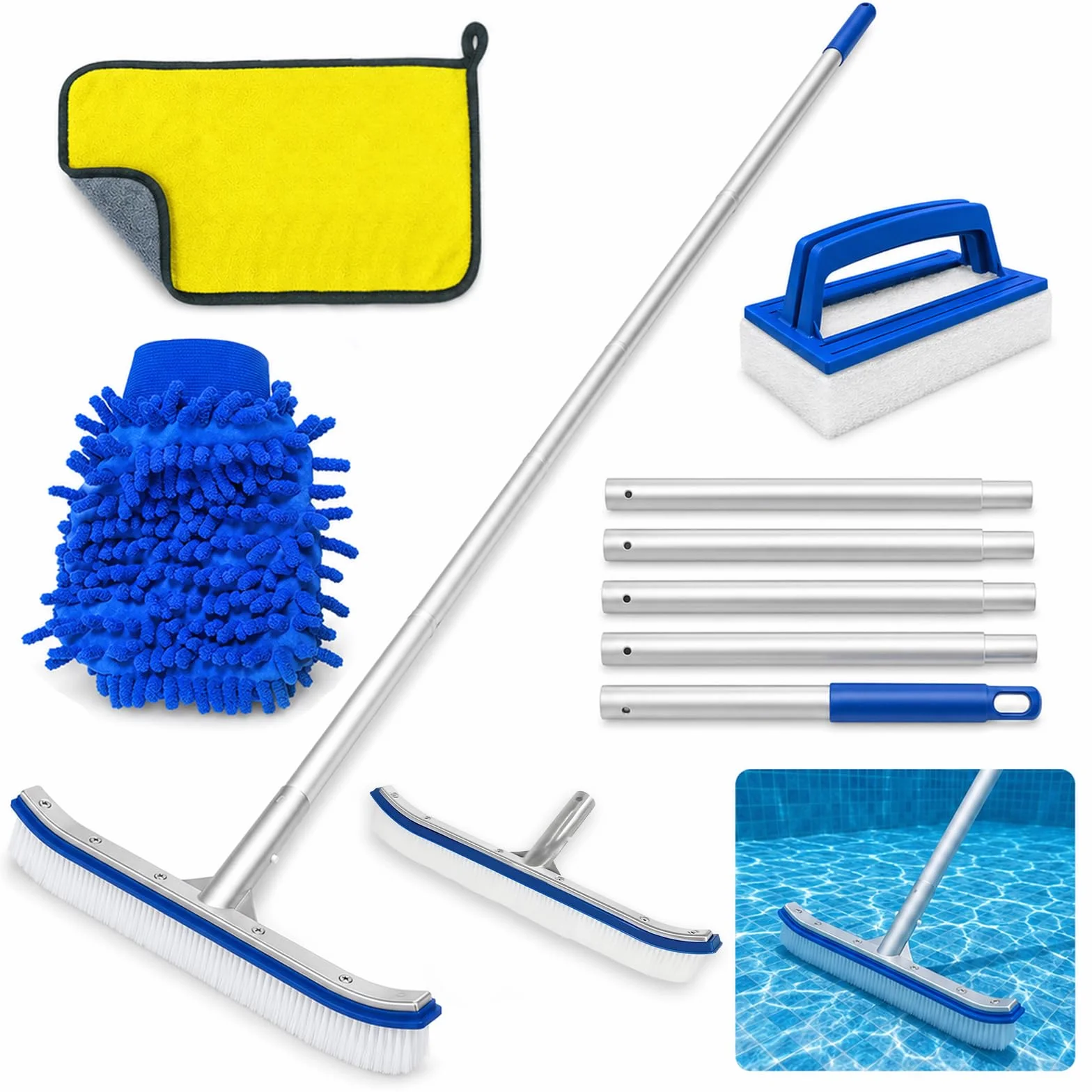 Spazzola Piscina con Manico Telescopico 180cm, Spazzola per Pulizia Piscina da 45 cm con 5 Aste in Alluminio, Kit Pulizia Piscina con Spugna, Panno Double Face e Guanto per Pareti, Fondo e Scale