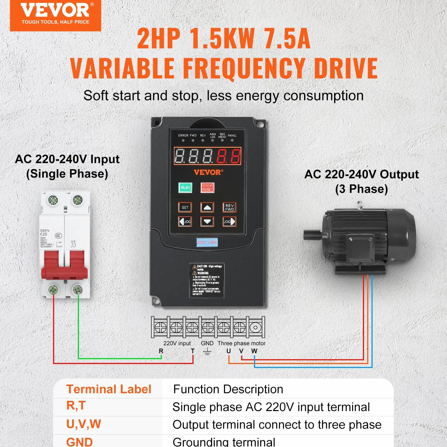 VEVOR VFD 2PS, 1,5KW, 7,5A, Ingresso 220 V Monofase Trifase a Uscita 220 V Trifase Azionamento a Frequenza Variabile, Ingresso 40-60 Hz, Uscita 0-400 Hz VFD per Controllo Velocità CNC Motore Mandrino