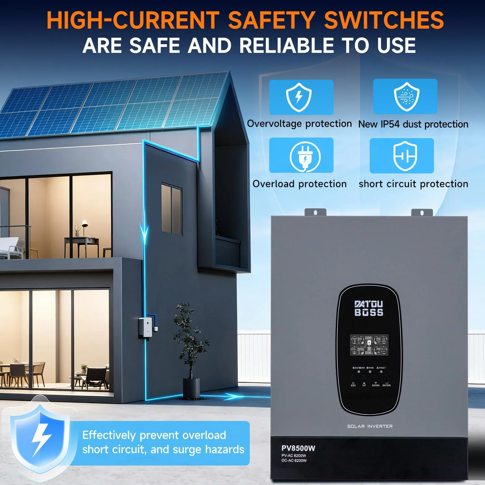 DATOUBOSS Inverter Ibrido Solare 6200W 48V a 230V Onda Sinusoidale Pura, Regolatore MPPT 120A, Compatibile con Batterie al Litio, per Casa, Camper e Impianti Fotovoltaici