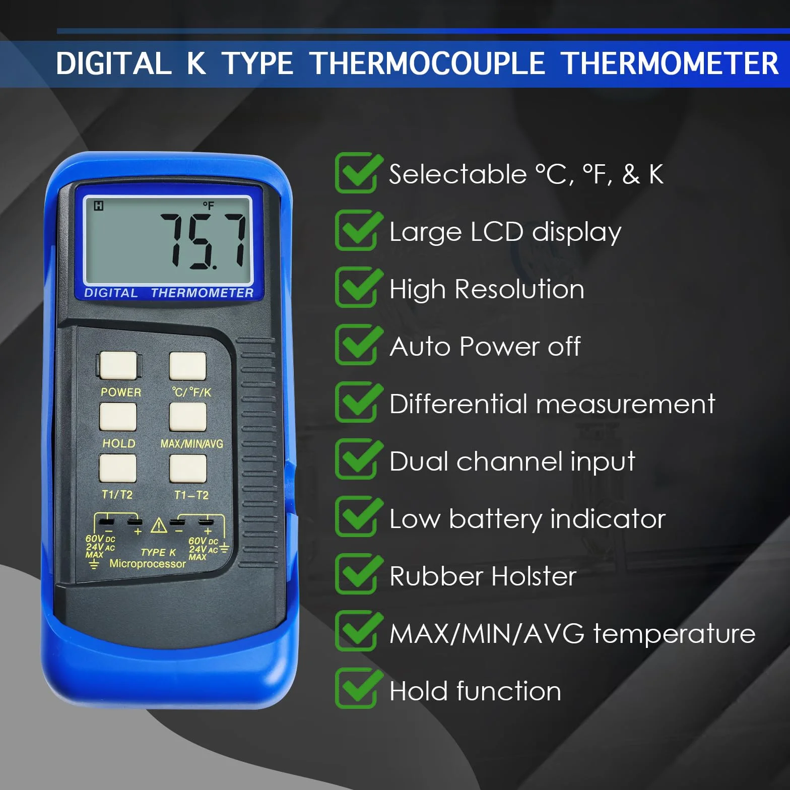 Termometro digitale a doppio canale tipo K -50 a 1300 °C con sonda cablata MAX/MIN/AVG per forni