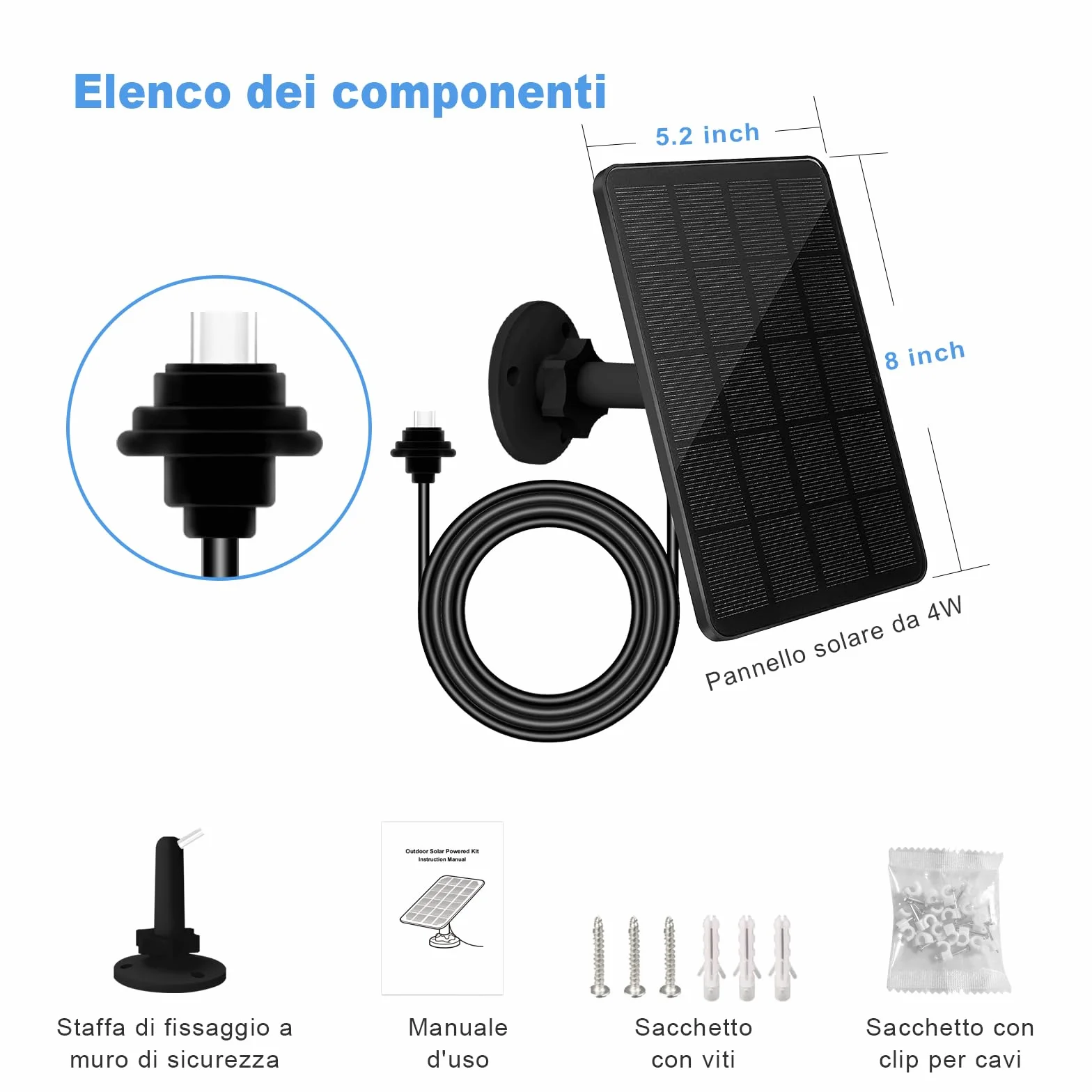 Pannello Solare da 4W per Telecamera Esterna Blink (4th gen), Caricatore Solare con Spina in Gomma, Impermeabile IP65, Cavo da 13,12 Piedi