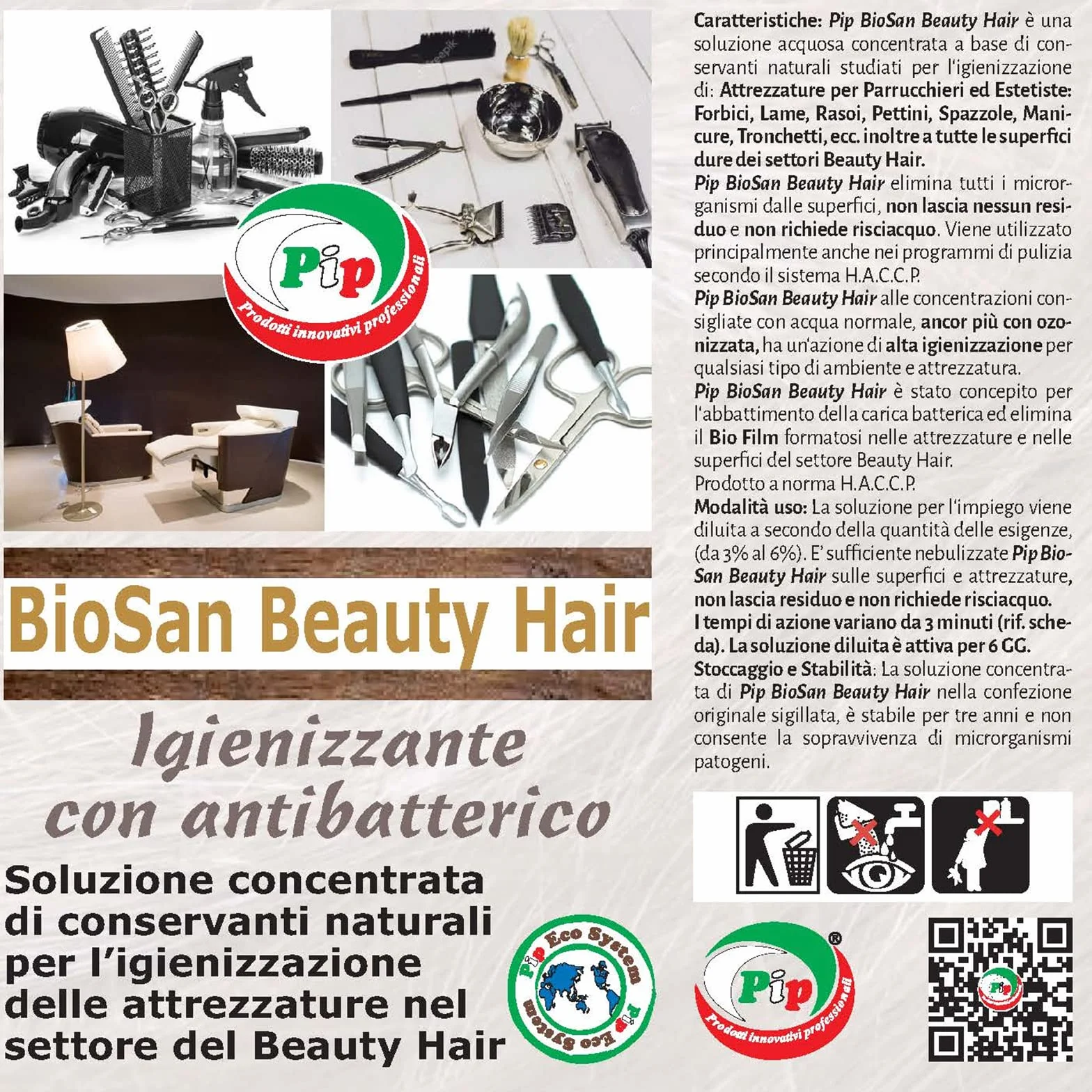 PIP BioSan Beauty Hair Igienizzante Antibatterico per Strumenti, No Risciacquo, Concentrato 2 FL.LT.1 pari a 60 LT
