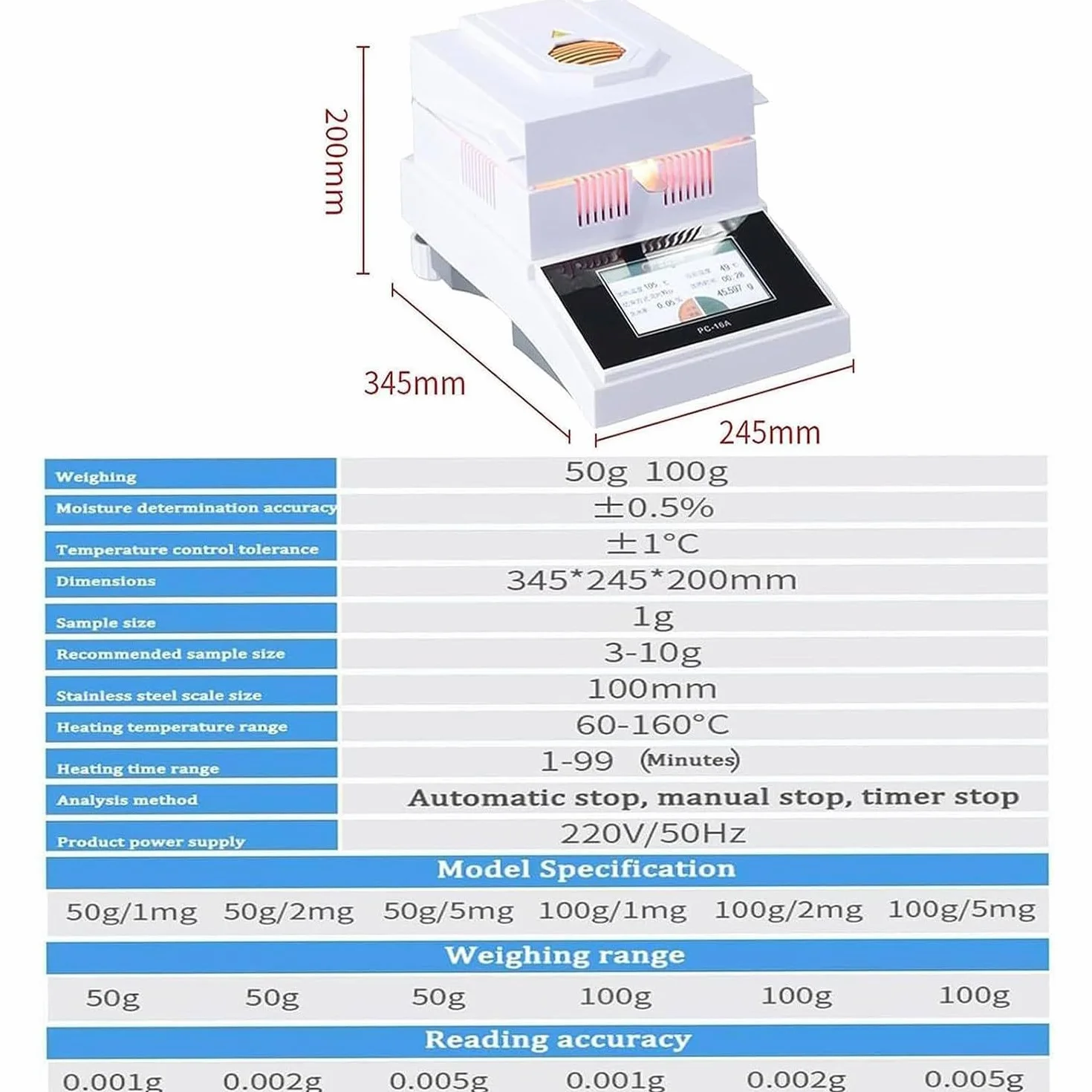 Alogeno Analizzatore Umidità Bilancia 50g/100g 2mg-50g Alta Precisione per Alimenti Piante Laboratorio