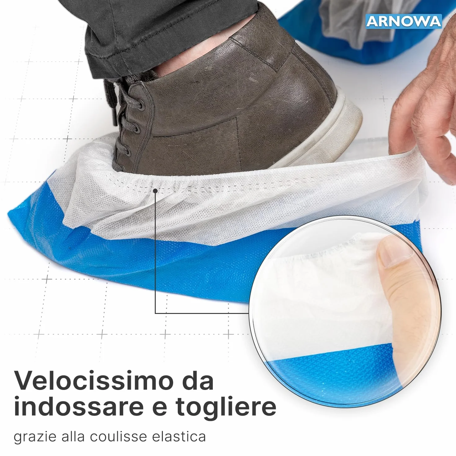 ARNOMED Copriscarpe monouso CPE PP 50 pezzi 17x40cm calzari usa e getta bianchi suola CPE blu taglia unica