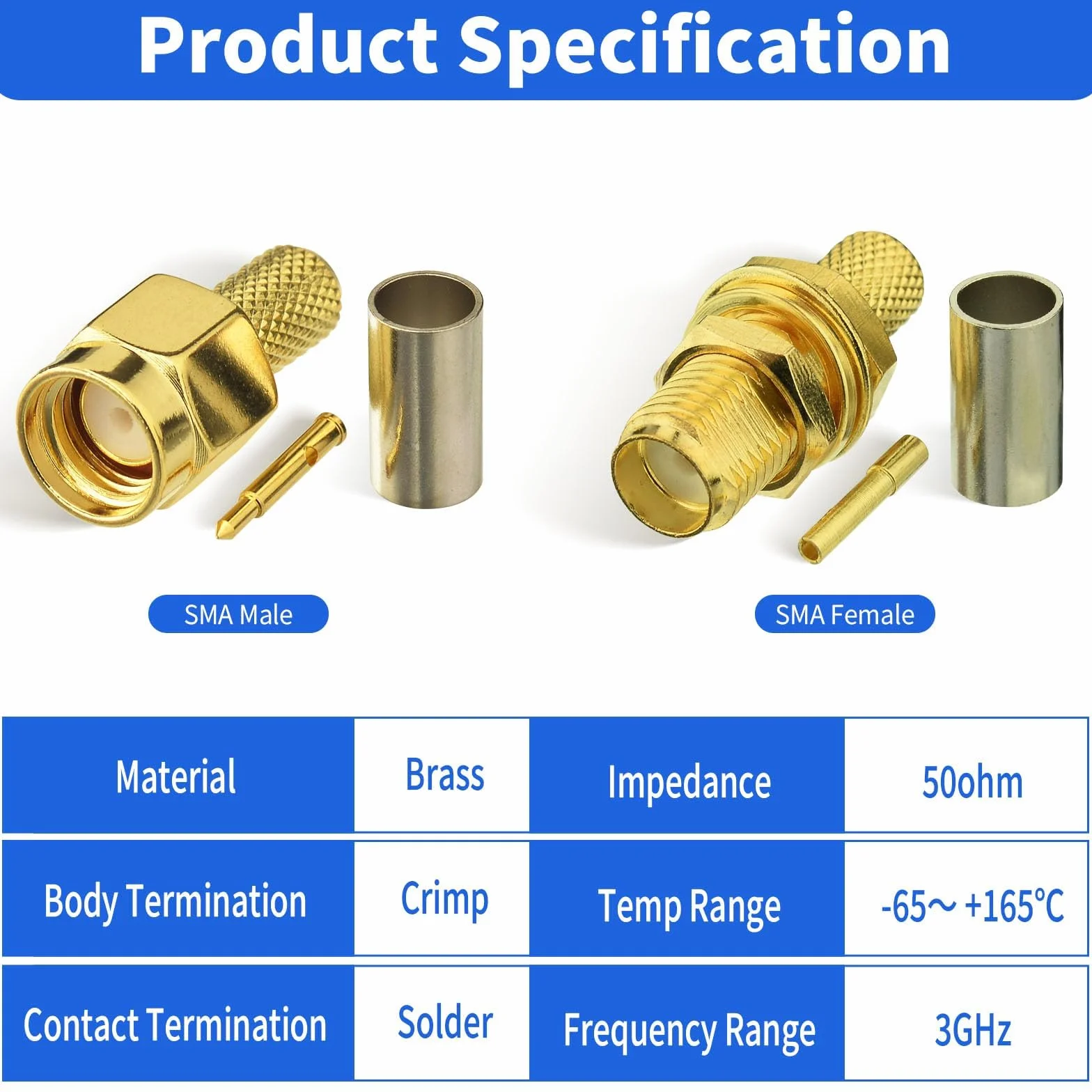 Superbat Kit Connettori RPSMA 10 Pezzi Maschio Femmina Crimpare Saldare 50 Ohm RF Cavo Coassiale RG58 LMR195