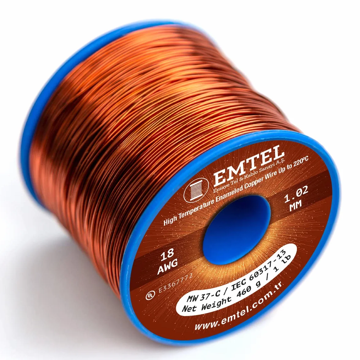 Emtel 1,02 mm (18 AWG) - 500 gr (1 LB) - 67 metri di filo di rame smaltato - Filo di avvolgimento per motori, trasformatori, altoparlanti, bobine magnetiche - fino a 220°C - doppio rivestimento