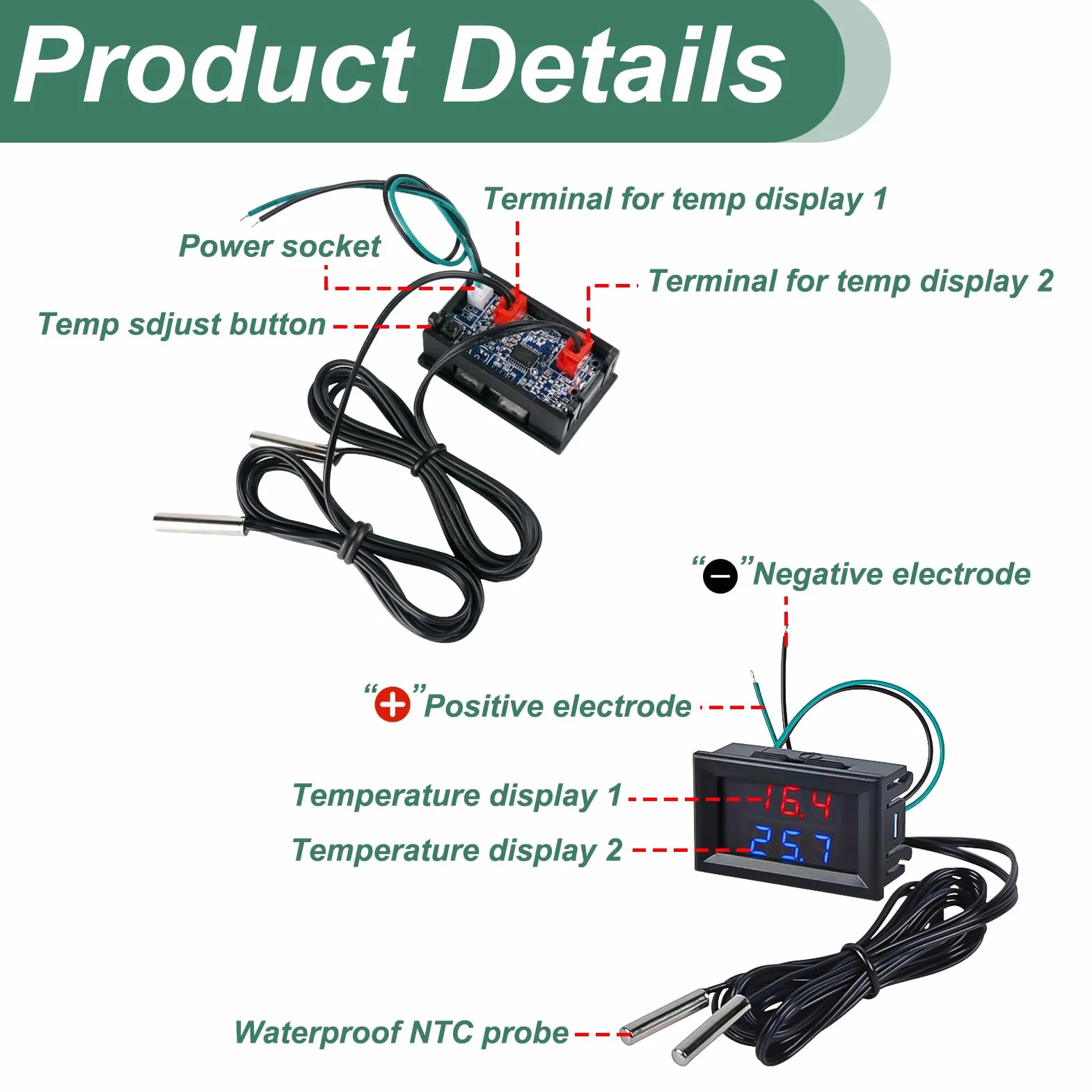 Termometro digitale a LED doppio display con 2 sonde impermeabili DC 4-28V -55°C a +120°C per acquario frigorifero incubatore