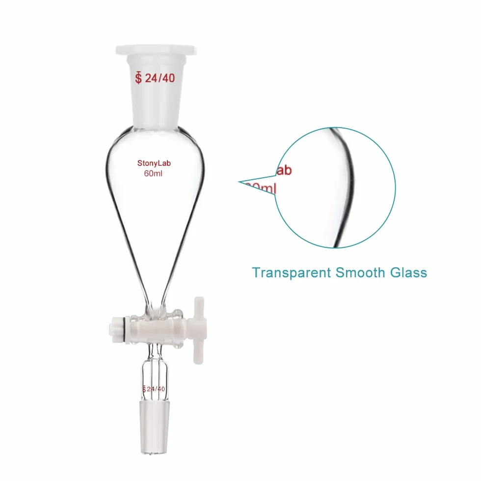 stonylab Imbuto Separatore con Rubinetto di Arresto PTFE, Imbuto Separatore Conico a Forma di Pera da 60 ml in Vetro Borosilicato a Parete Pesante con 24/40 Giunti