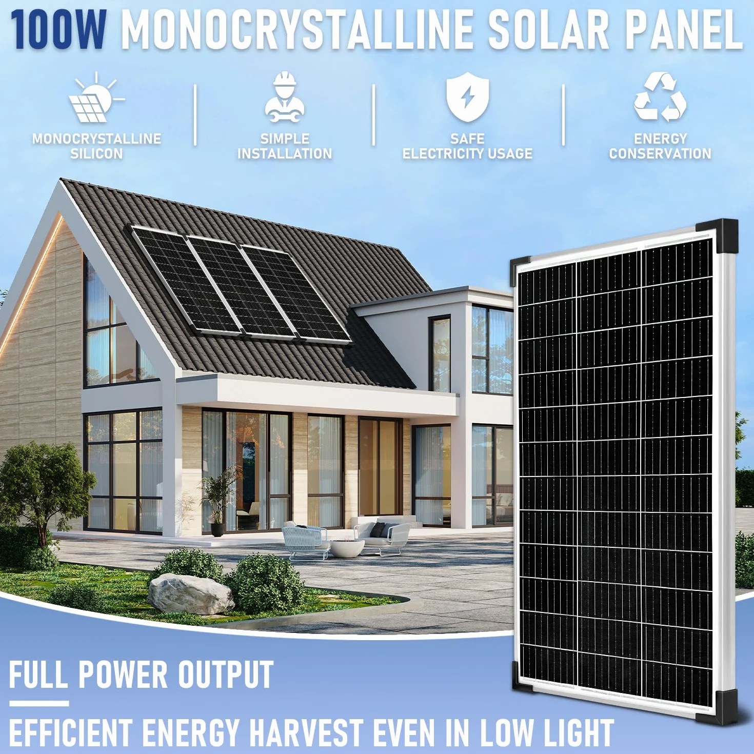 Pannello solare da 100 W, 12 V, pannello solare monocristallino, 100 Watt, con regolatore di carica da 20 A, per carica di energia indipendente da 12 Volt per camper, barca, roulotte, casa