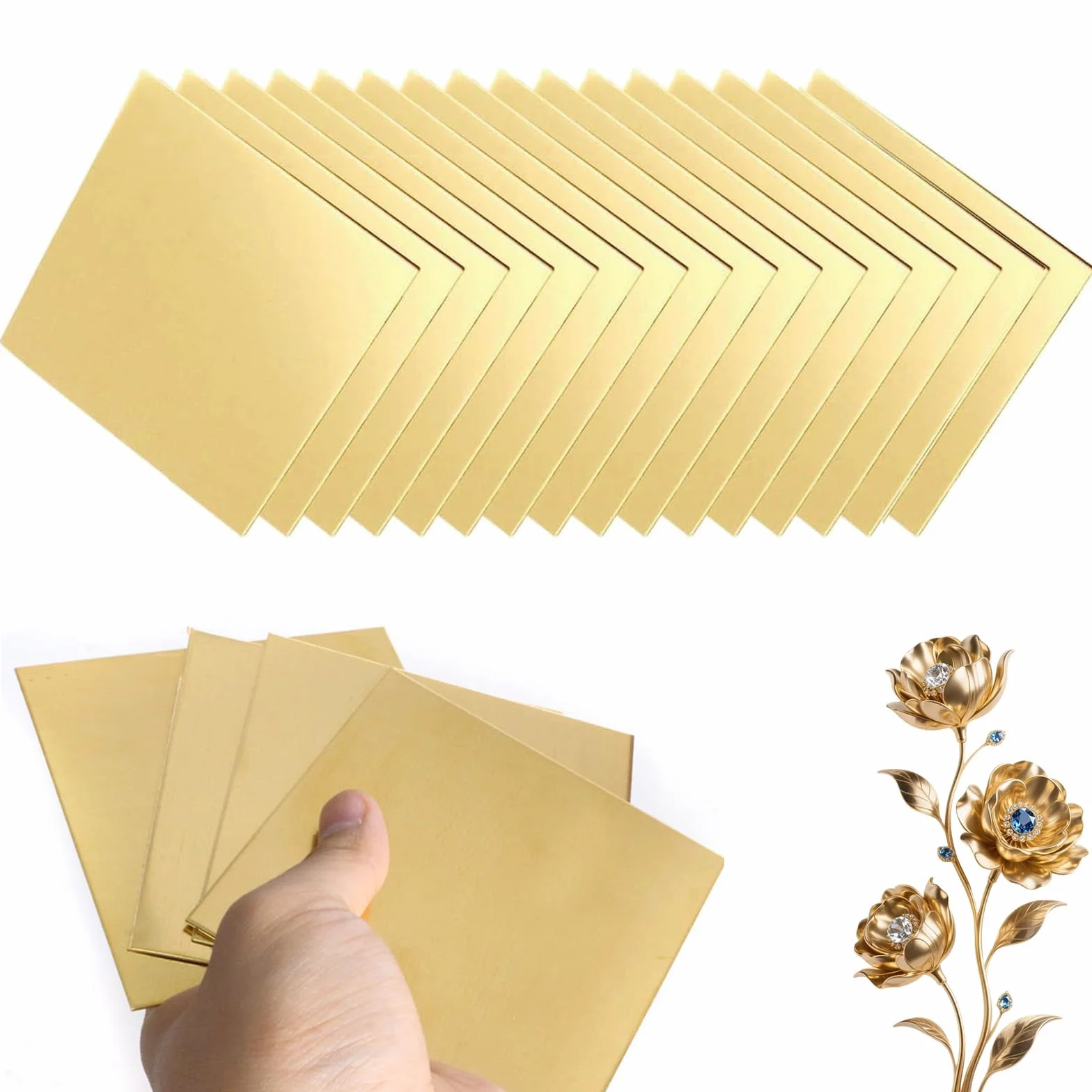 16 Pcs Piastre in Ottone Dorato 0,5 x 50 x 50 mm, Fogli Decorativi in Ottone con Piastra Metallica H62, Pellicola Sottile Resistente Fissa per Fai da Te, Artigianato e Creazione di Gioielli