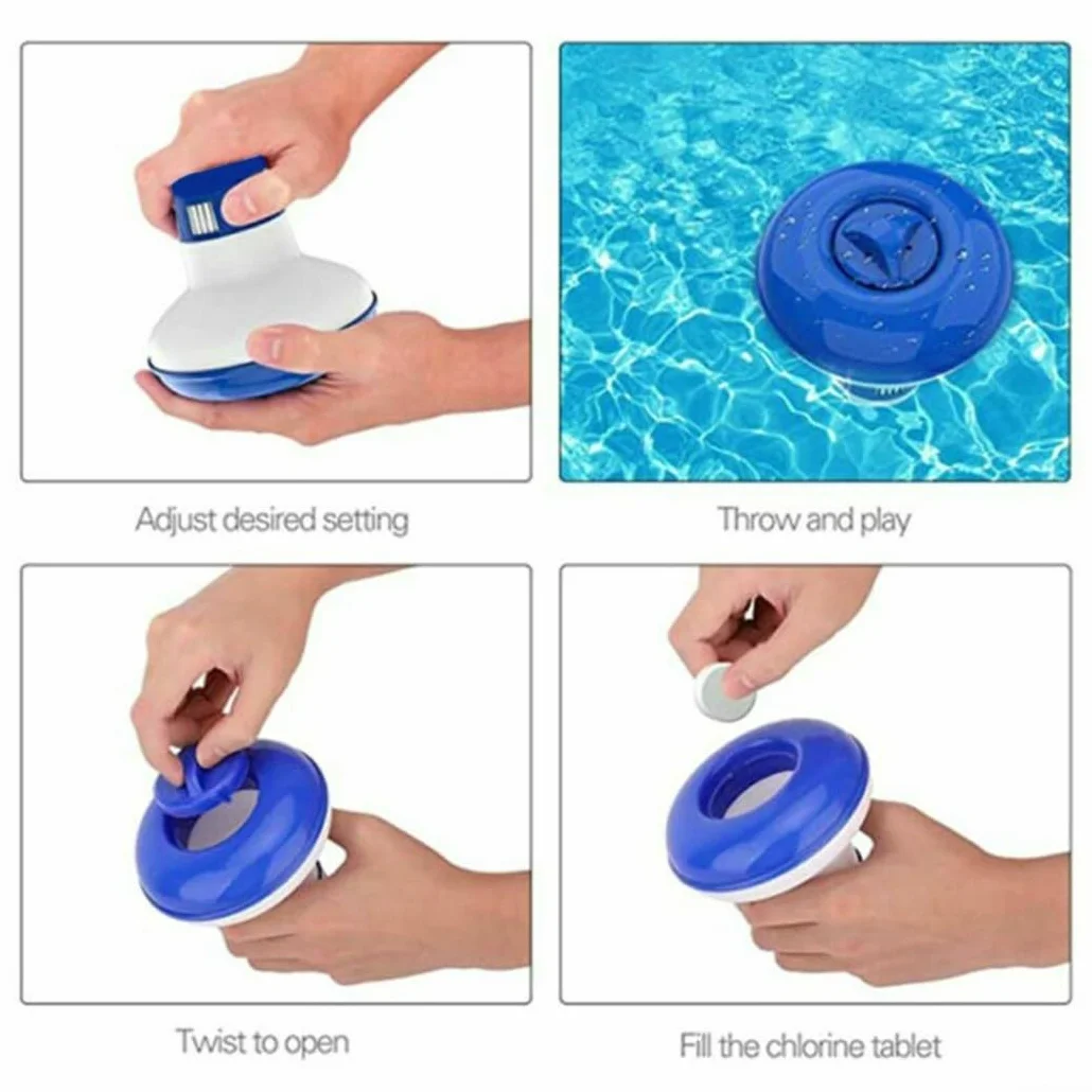 Dispenser galleggiante regolabile per piscina per compresse e pillole, dispositivo di auto-dosaggio per spa, piccole piscine, trattamento dell'acqua all'aperto, 12,4 cm