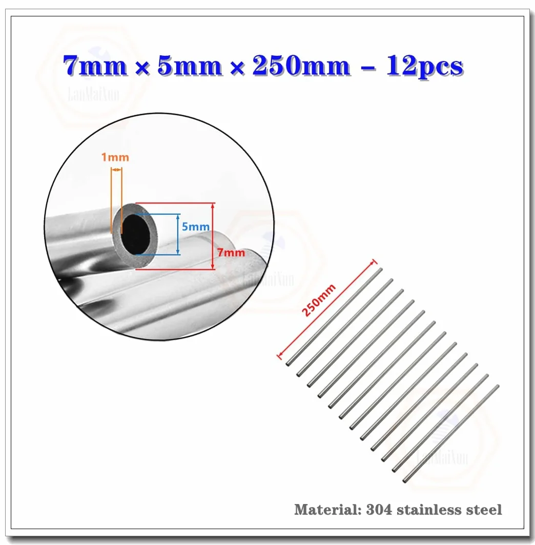 7mm×5mm×250mm-12 pezzi Capillare in acciaio inox 304, tubo in acciaio