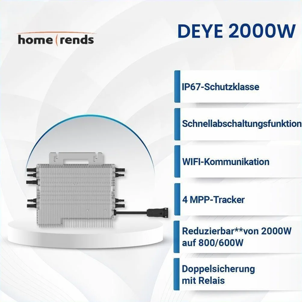 Deye SUN-M200G4-EU-Q0 - Micro inverter da 2000 W, 4 MPPT WiFi, IP67, conforme alla norma VDE, nuova generazione con Relè Solar PV con cavo Schuko da 5 metri per impianti da balcone