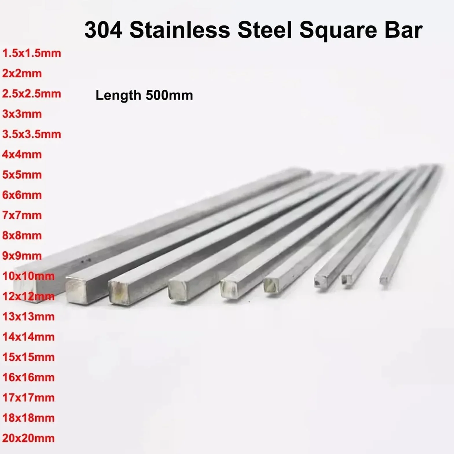 Barra quadrata in acciaio inossidabile 304, lunghezza 500 mm(5x5x500mm 1Pcs)