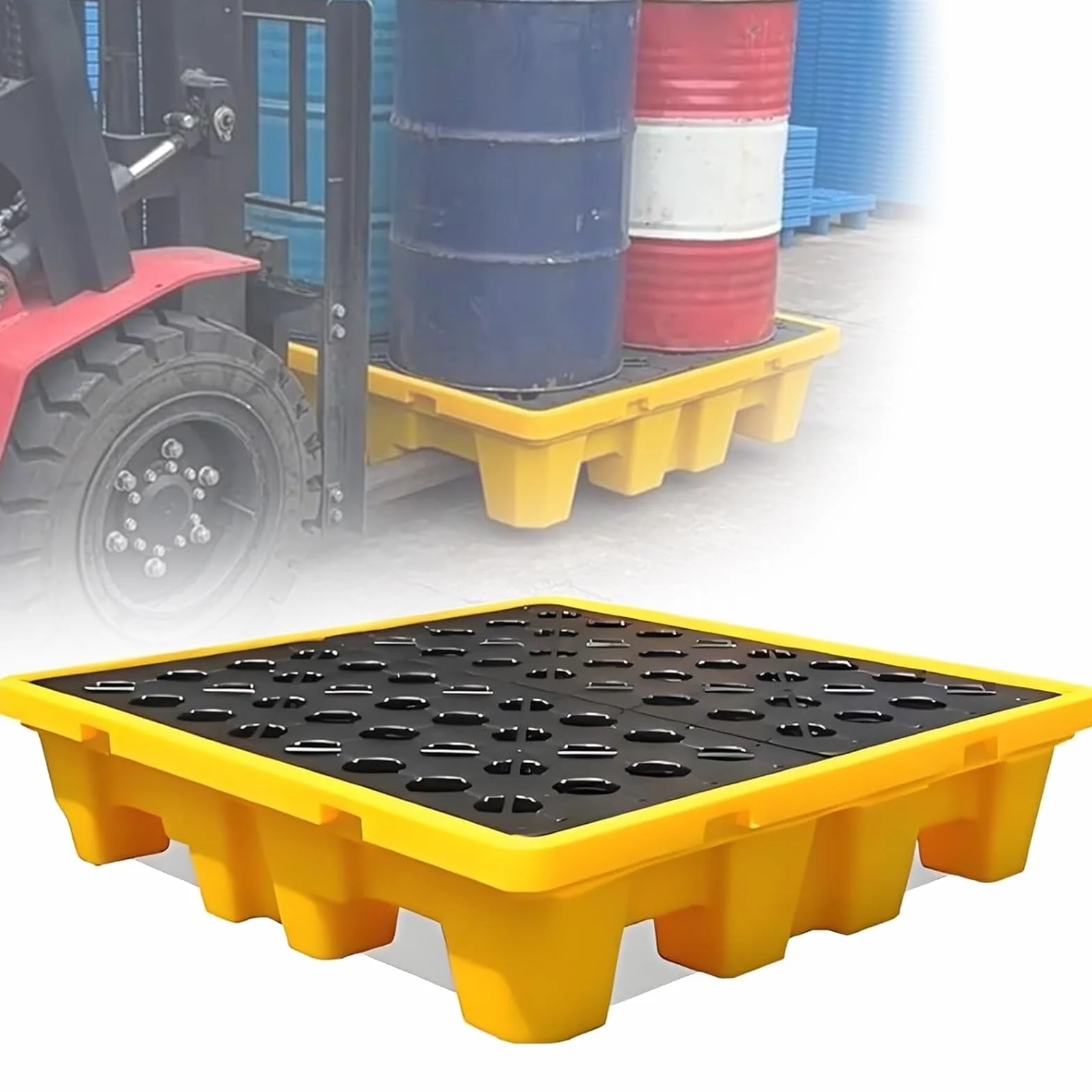 Vasca di contenimento Olio Anti-sversamento chimico con griglia rimovibile, in plastica antiperdita impilabile facile da pulire per laboratorio officina e industria(60 * 60 * 15cm)