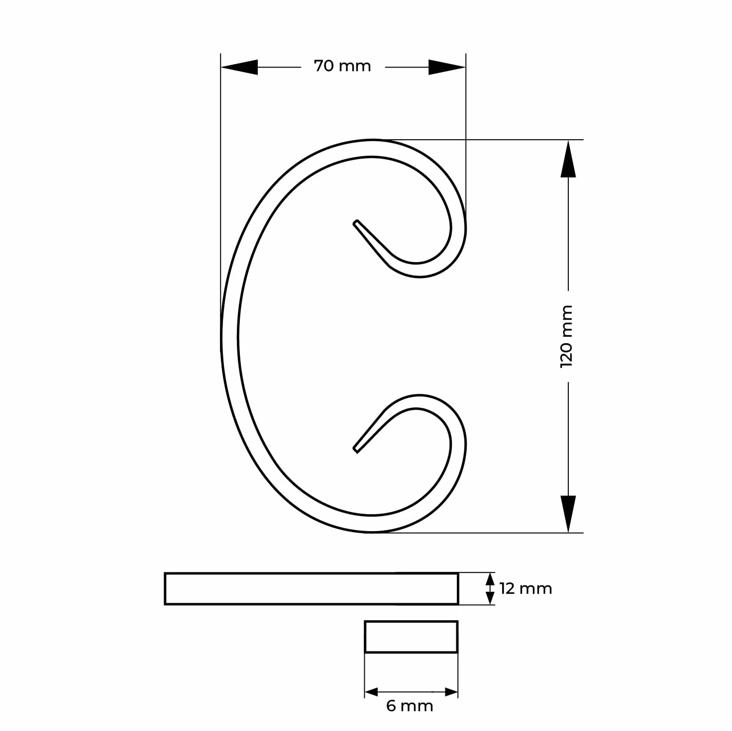 M.P. Metalli - Riccio a C in ferro battuto in sezione piatta 120x70 mm in piatto da 12x6 mm | Set da 10 pezzi | Made in Italy