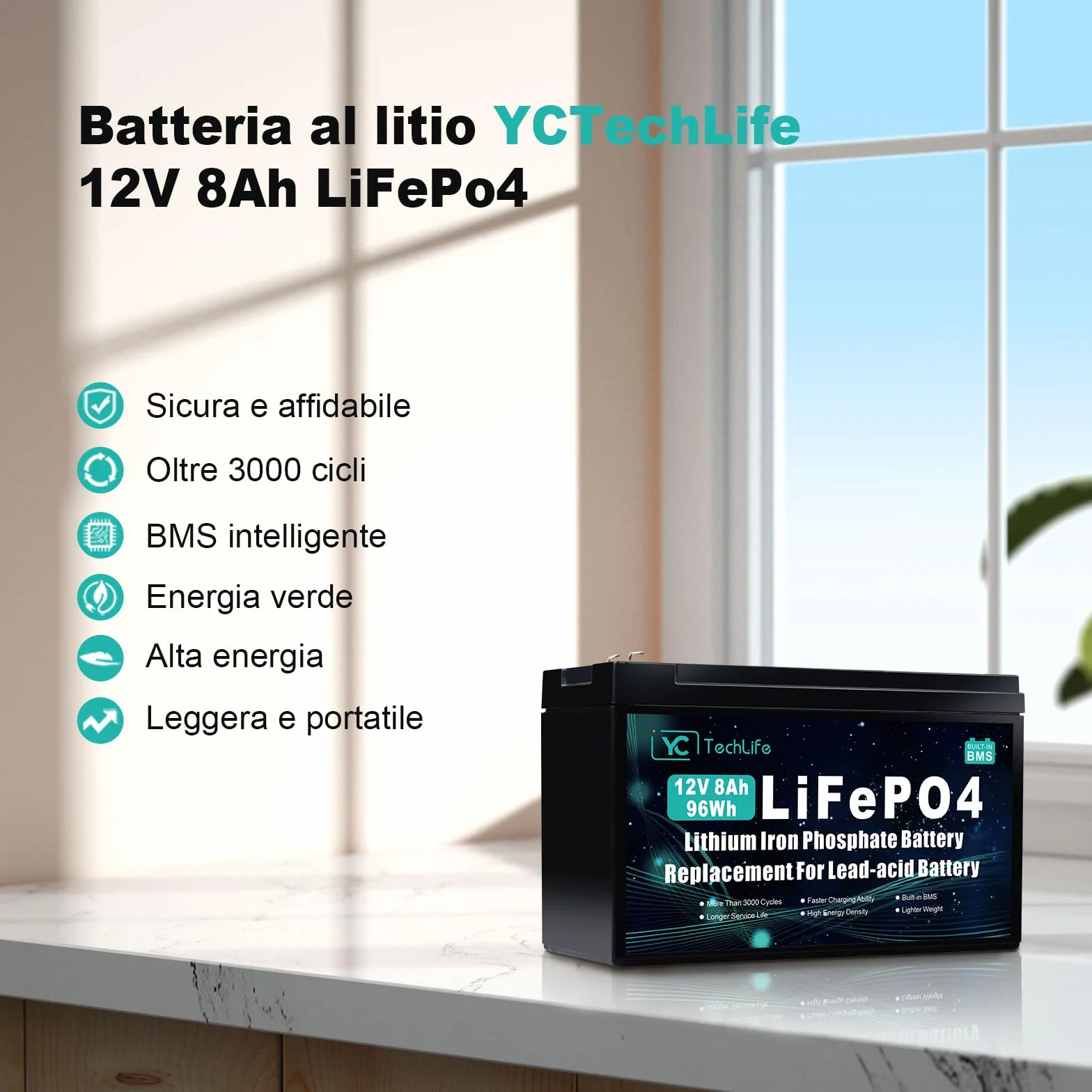 Batteria Lifepo4 12V 8Ah, Batteria Litio Ricaricabile Ciclo Profondo fino a oltre 3000 Cicli, BMS 10A integrato, utilizzata per energia solare/eolica, illuminazione altro ancora