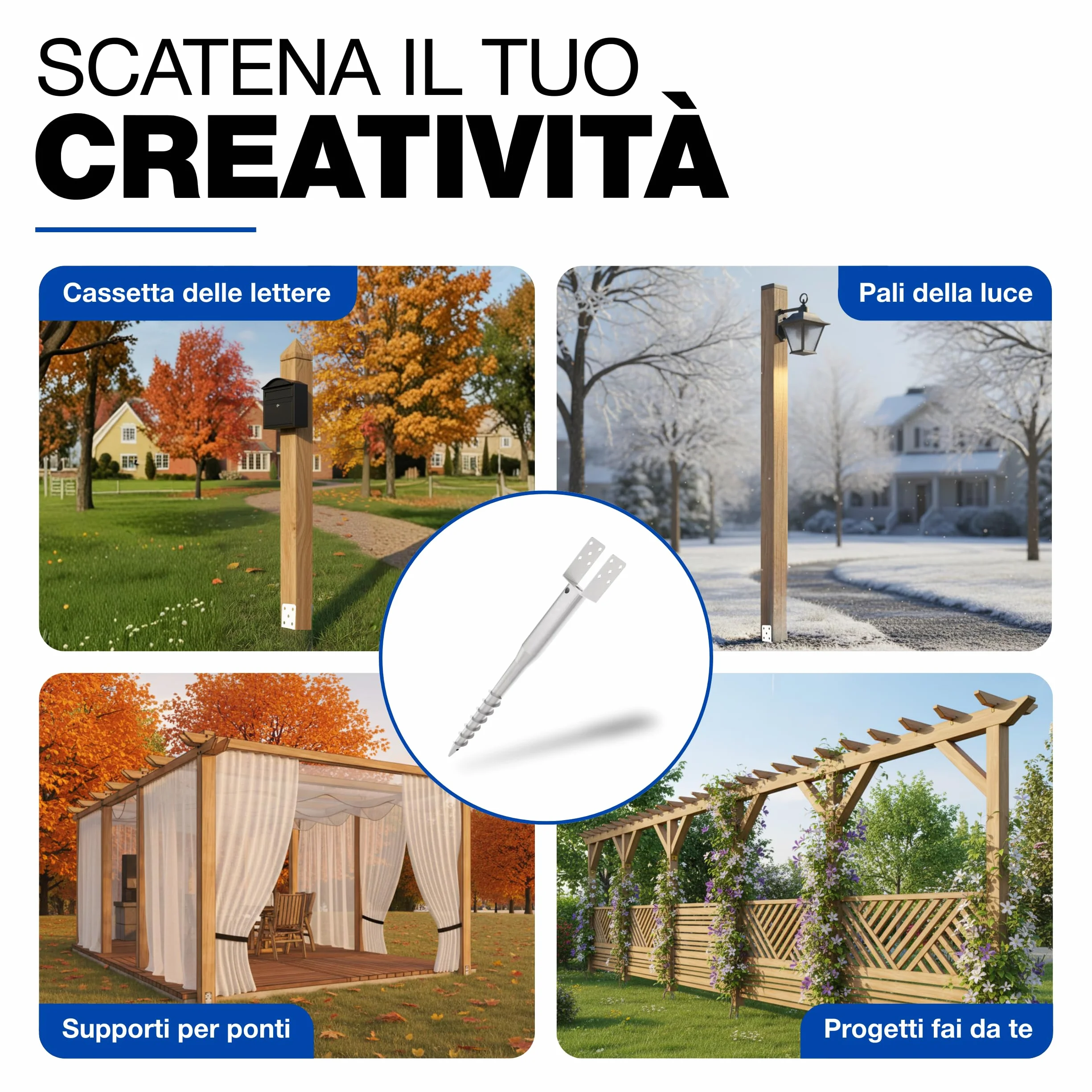 Staffa ad U con Perno a Spirale 96 x 865 mm Manicotti a Vite per Pali da Avvitare Ancoraggio da Terra