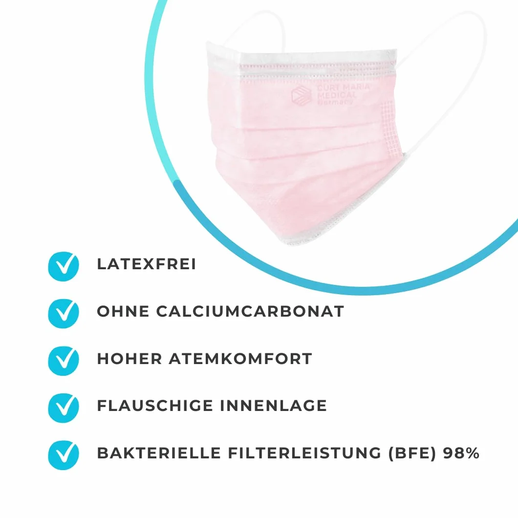 Curt Maria Medical 3-Ply Maschere Viso Mediche con Anelli per Orecchio Uso Singolo Rosa Confezione da 50