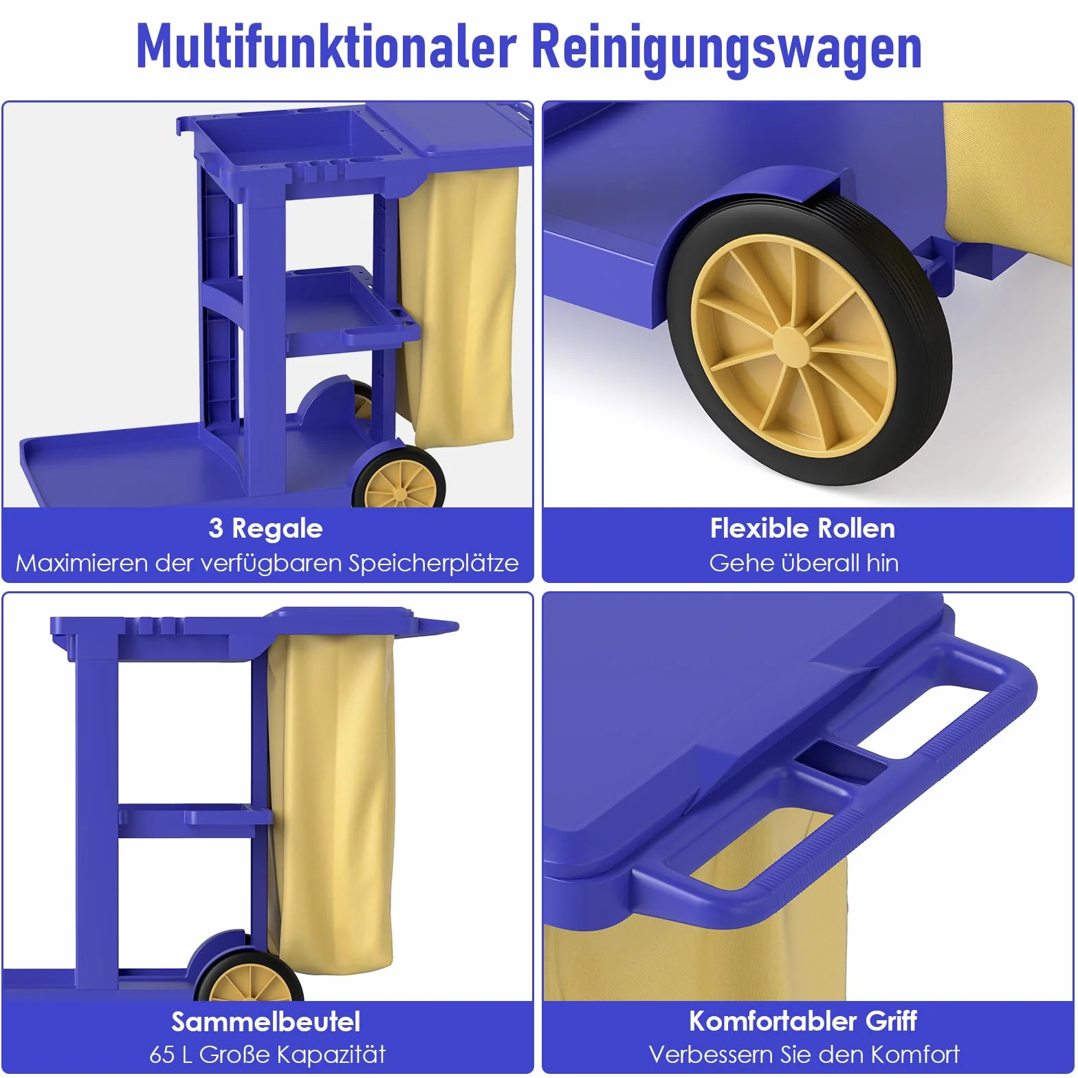 Carrello per pulizie con 3 scomparti, carrello per pulizie professionale per uso commerciale, 83 x 46 x 90 cm, carrello domestico con 4 ruote, grande capacità 65 L, sacco per rifiuti per