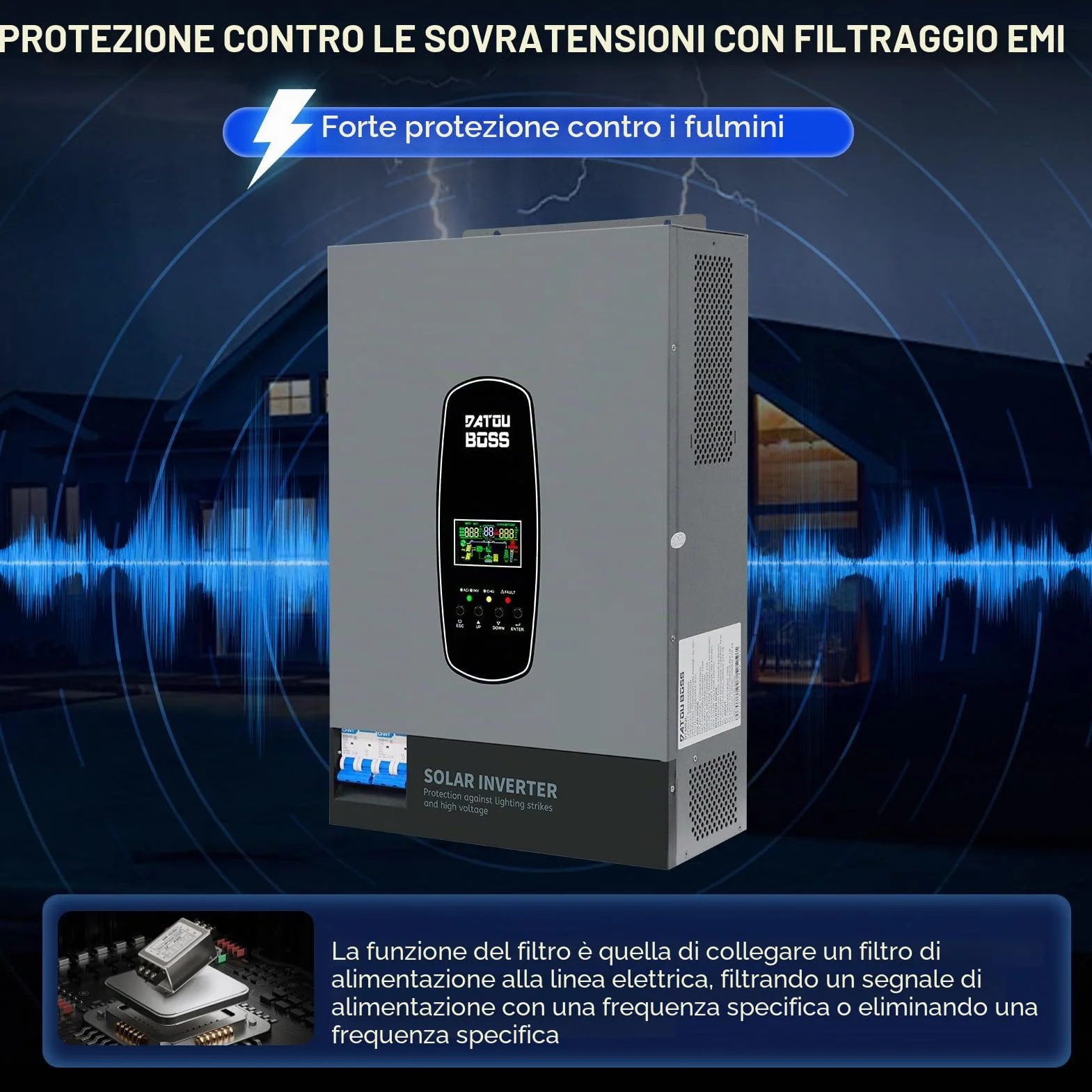 DATOUBOSS Inverter solare ibrido da 6200 W, 48 VDC a 230 V, inverter sinusoidale puro con 120 A, ingresso fotovoltaico da 8500 W, supporta il sistema di protezione BMS, per batterie al litio da 48 V.