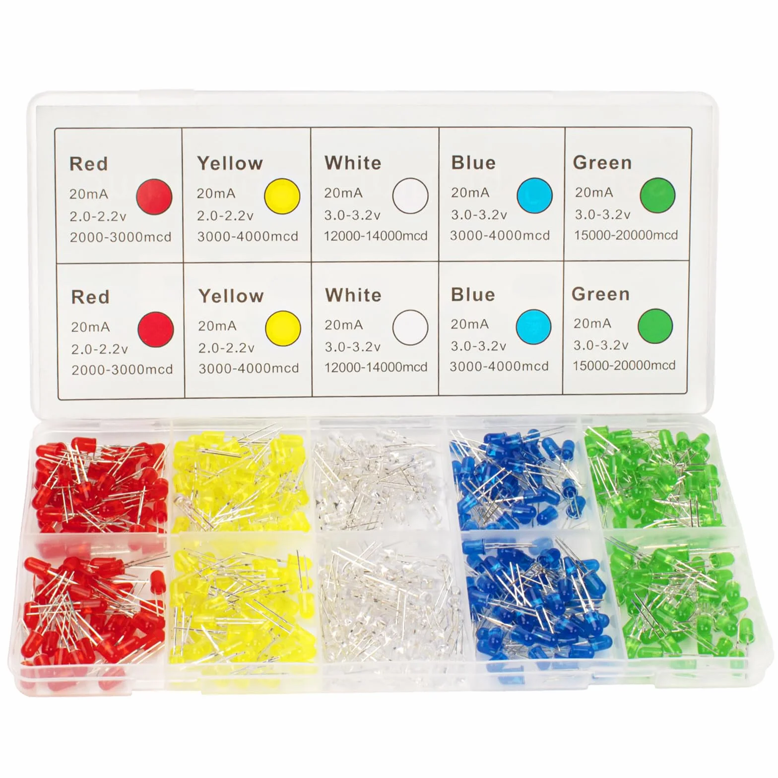 DiCUNO 450pcs 5mm LED diodo ad emissione luminosa rotondo assortiti Colore bianco/rosso/giallo/verde/blu Kit Box (5mm * 450pcs)