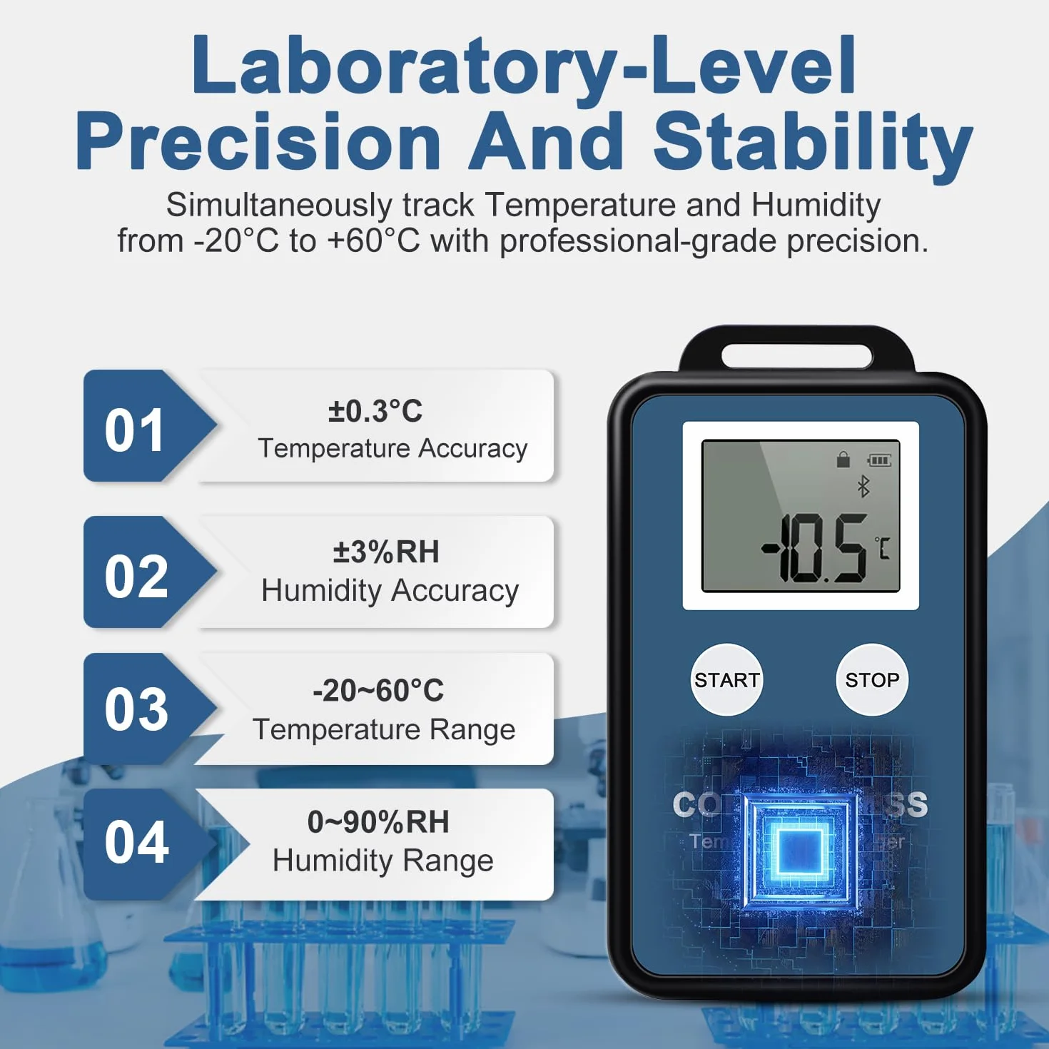 ThermElc TE-B3 Bluetooth registratore temperatura umidità, monitor wireless 300 m, 32000 punti, PDF CSV per mappatura laboratorio