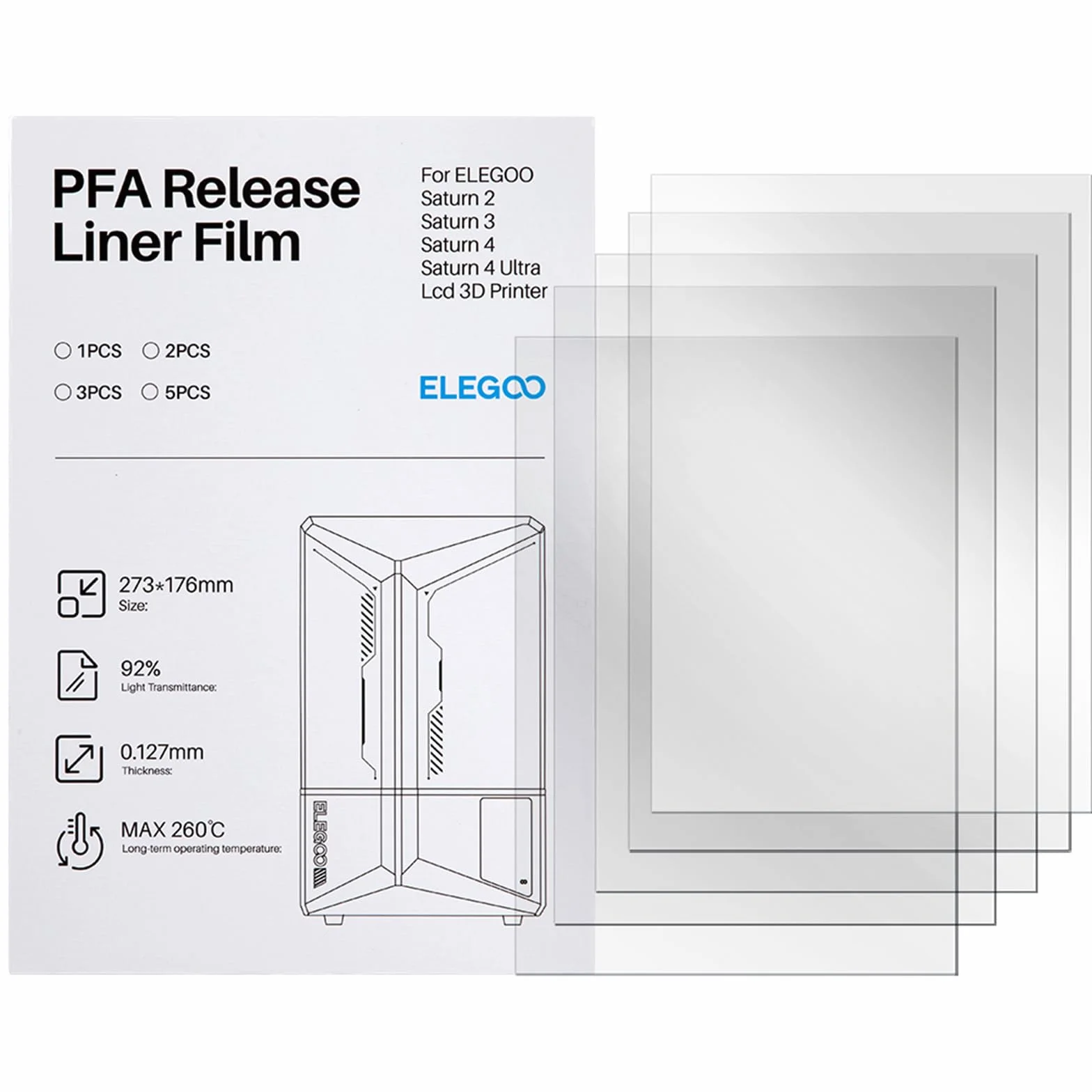 ELEGOO Pellicola di Rilascio PFA per Stampante 3D Saturn 2/Saturn 3/Saturn 4 Ultra 16K, 273 x 176 x 0.127 mm