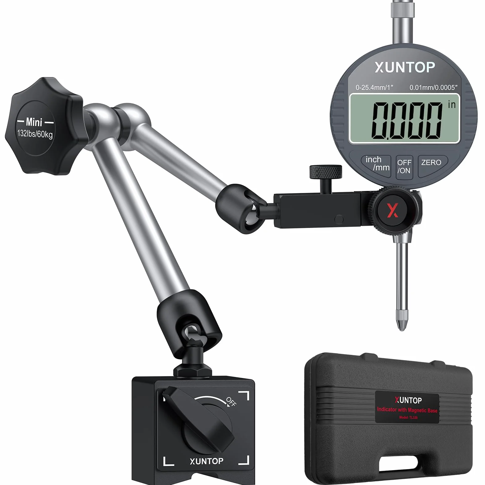 XUNTOP Comparatore Centesimale 0-25,4 mm con Base Magnetica 132lbs/60kg, Digital Dial Indicator 1inch/0.0005inch con Display LCD di Conversione Pollici/metri per Tornio, Stampante 3D, CNC, Industriale
