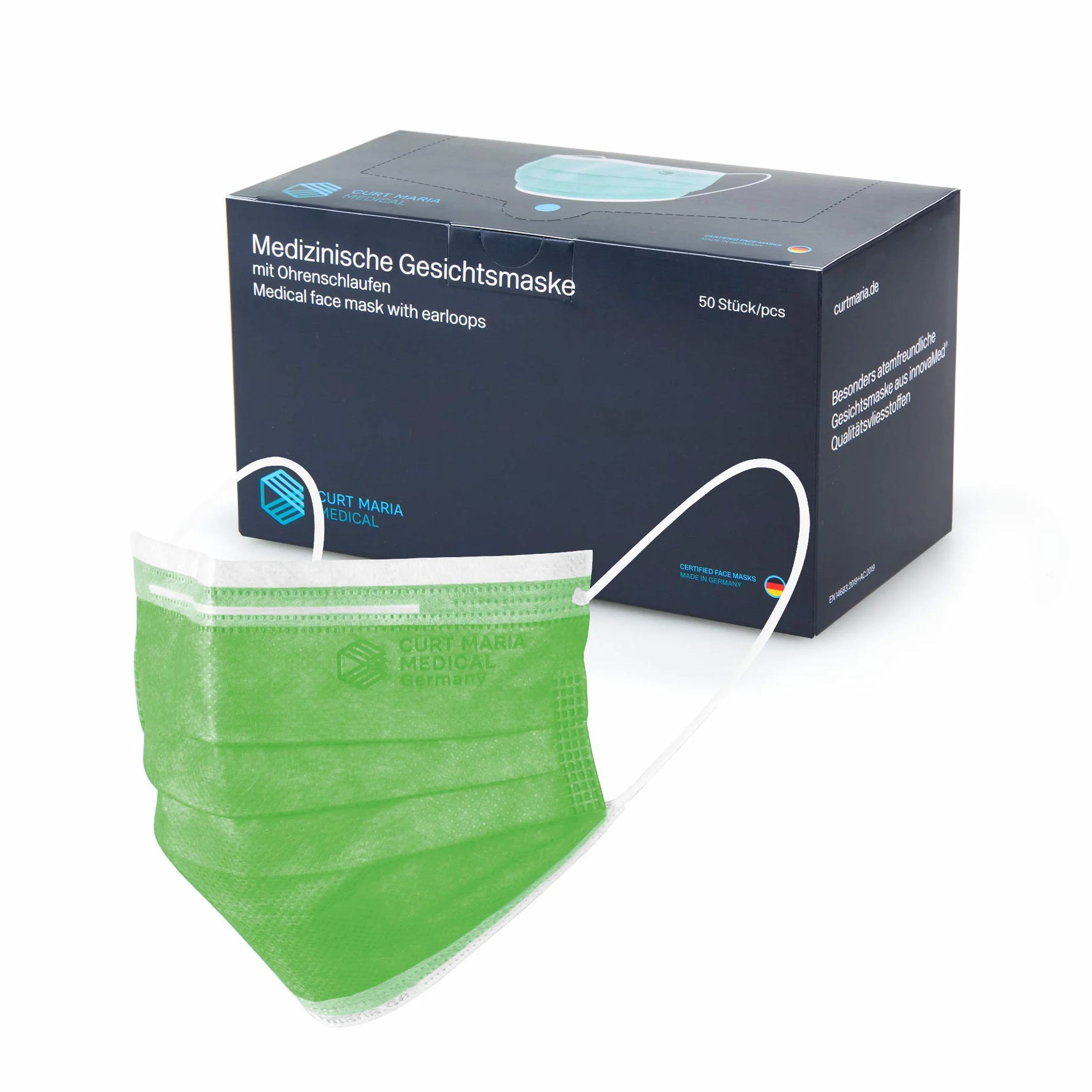 CURT MARIA MEDICAL 50 maschere mediche per il viso 3 strati monouso verde