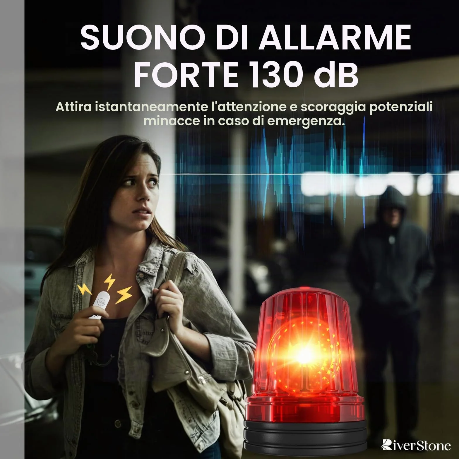 River Stone Allarme di Sicurezza Personale 130dB per Apple FindMy iOS (14.5+) Porta Chiavi Localizzatore Anti-aggressione, Sirena di Emergenza per Donna Bambino Anziano, Localizzazione, Auto-difesa