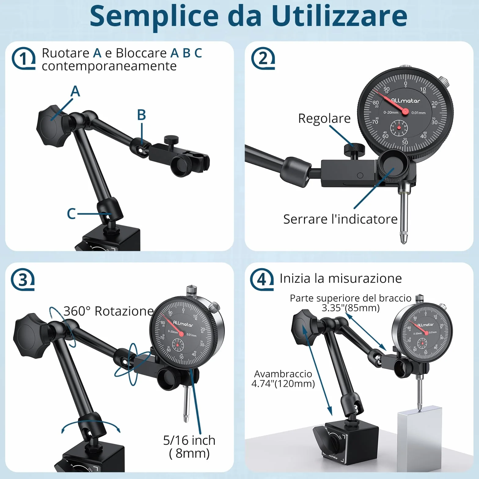Comparatore Centesimale 0-20mm con Base Magnetica 60kg, Indicatore Meccanico di Precisione 0.01mm, Supporto Regolabile a 3 Snodi per Tornio Fresatrice Allineamento Misure Officina Meccanica
