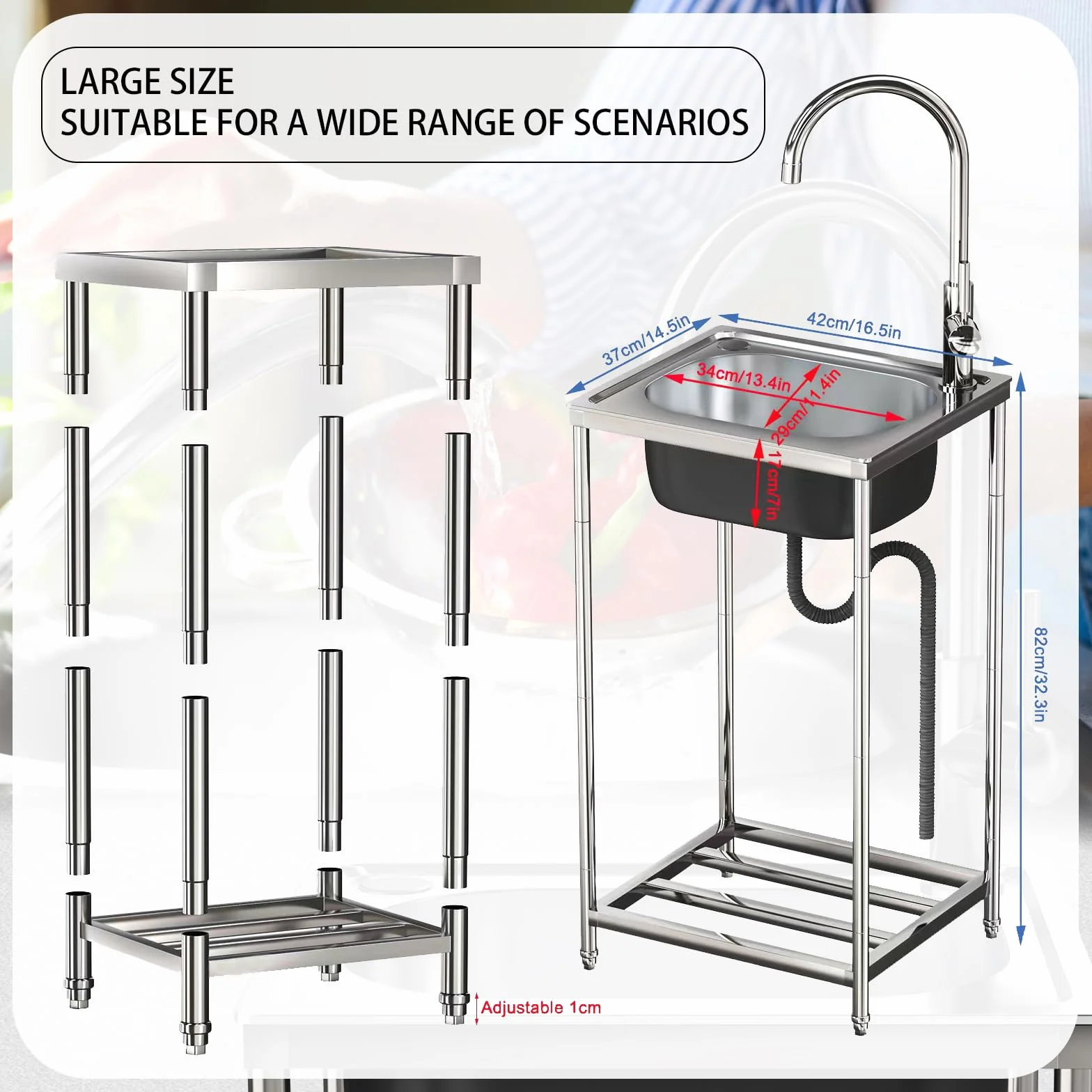 Lavello in Acciaio Inox Lavello Cucin Autoportante Lavello Cucina Commerciale Giardino Esterno lavando lavello per Interni Esterni Garage e Cortile Ristorante Lavanderia (42 x 37 x 82cm)