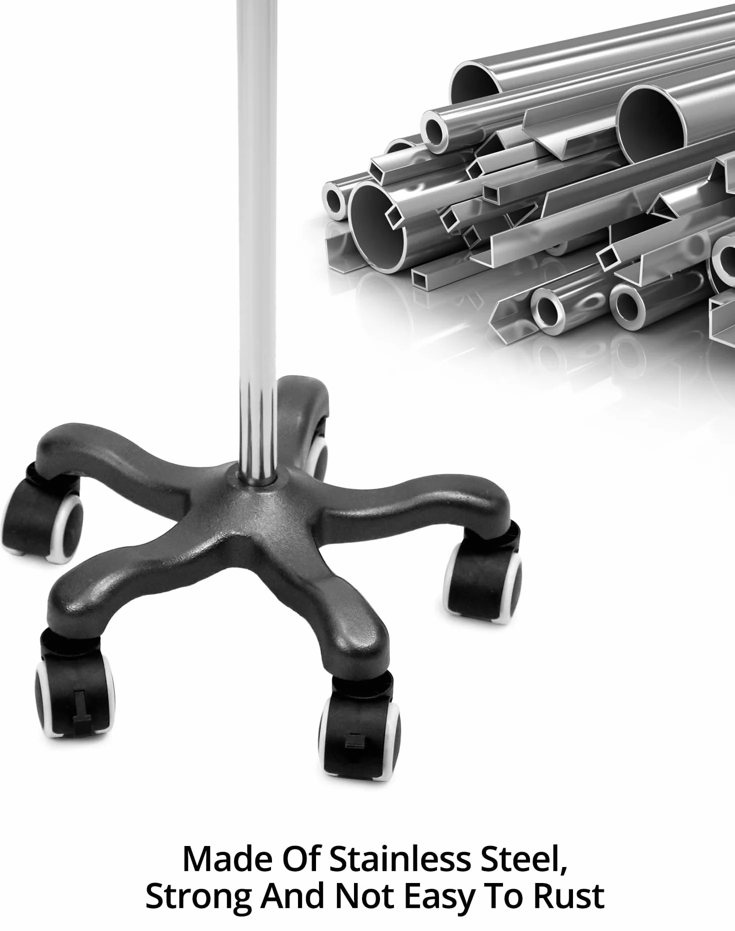 QWORK® Supporto per infusione con ruote, con 4 ganci, per ospedale e casa, acciaio inossidabile, regolabile in altezza