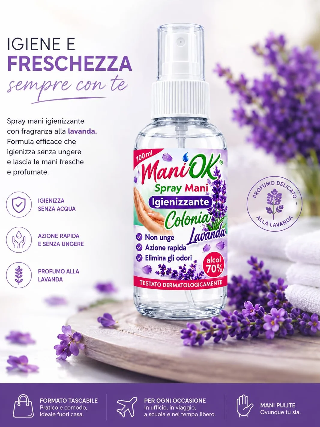 Spray Mani Igienizzante Lavanda, Spray Disinfettante Mani con Alcol 70%, Azione Rapida, Elimina Odori, Asciugatura Veloce, Dermatologicamente Testato - 6 Unita da 100ml