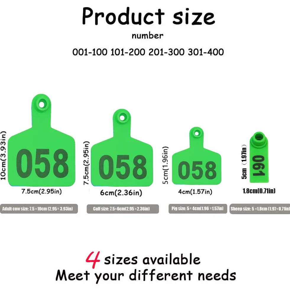 400 pezzi di marche auricolari per bestiame in PE per capre, bovini, ovini, suini, cani, cervi, allevamenti con numero 001-100/101-200/201-300/301-400 (blu, giallo, rosso, verde, arancione, rosa)